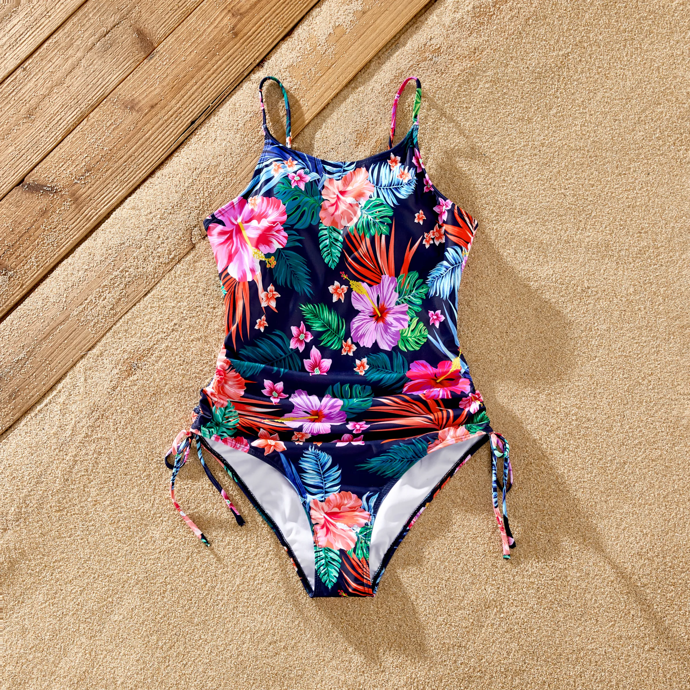Family Matching Tropical Floral Drawstring Swim Trunks Or Ruched Drawstring Side One-Piece Strap Swimsuit