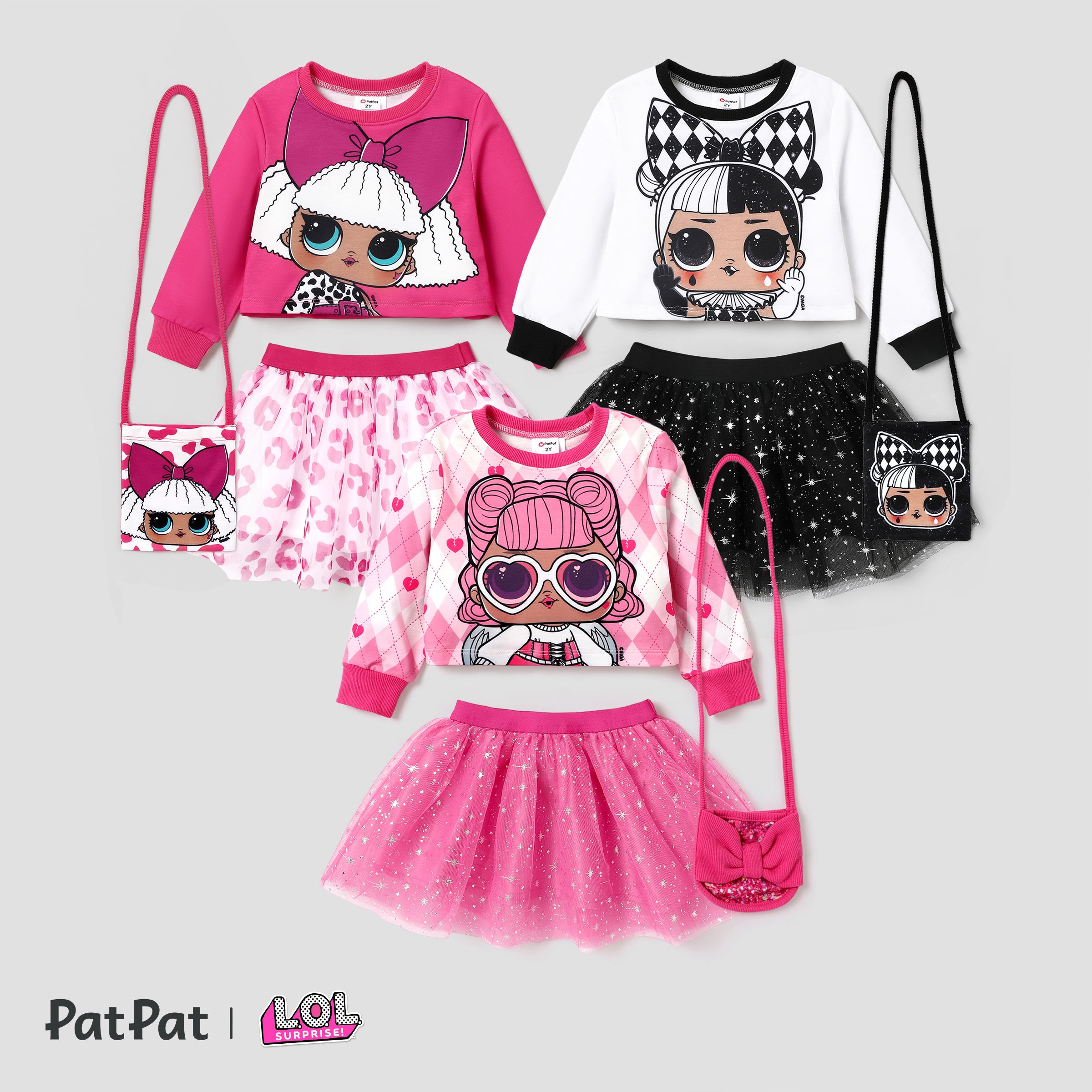 L.O.L. SURPRISE! Toddler Girl Glitter Hem Character Pattern Top With Crossbody Bag Skirt Suit