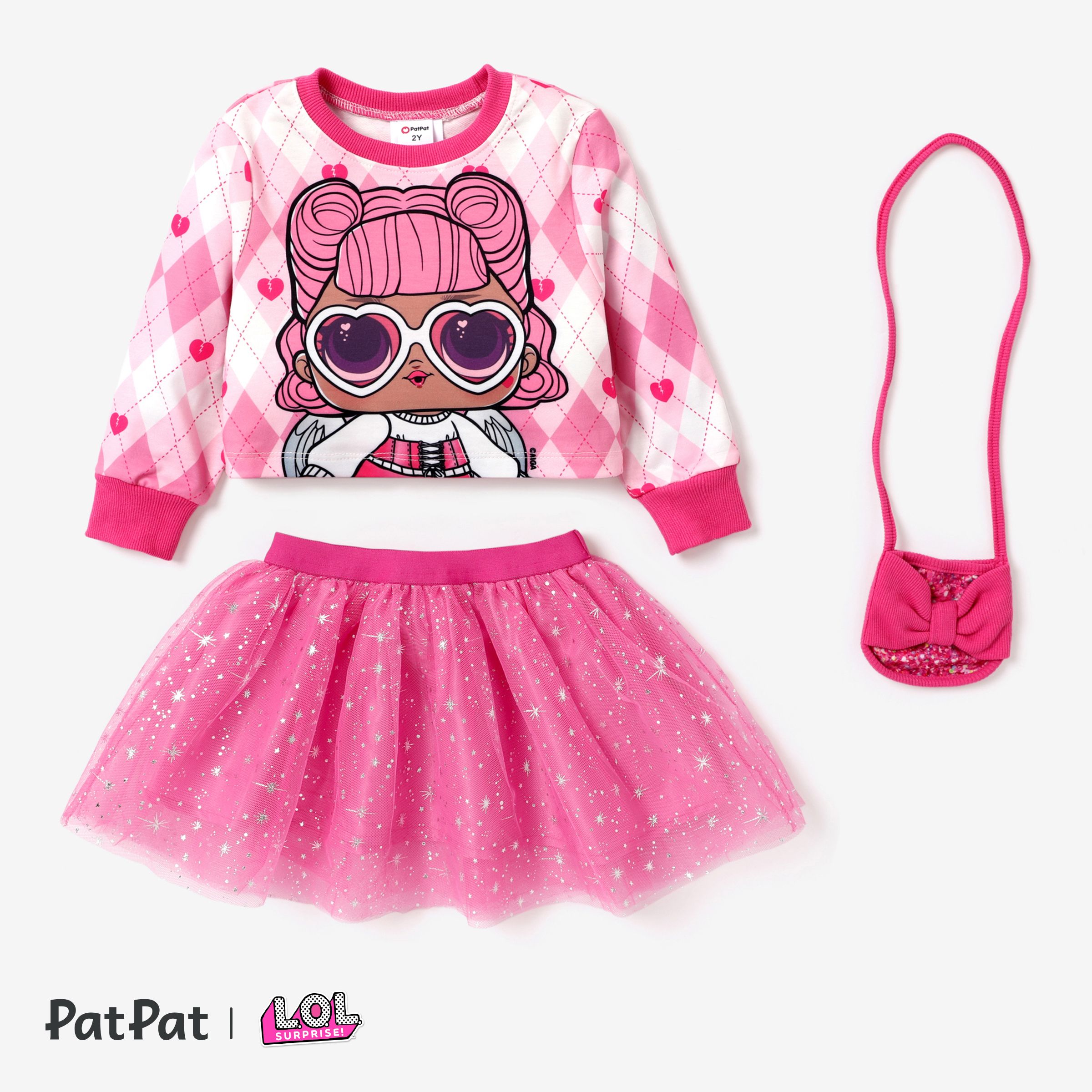 L.O.L. SURPRISE! Toddler Girl Glitter Hem Character Pattern Top With Crossbody Bag Skirt Suit