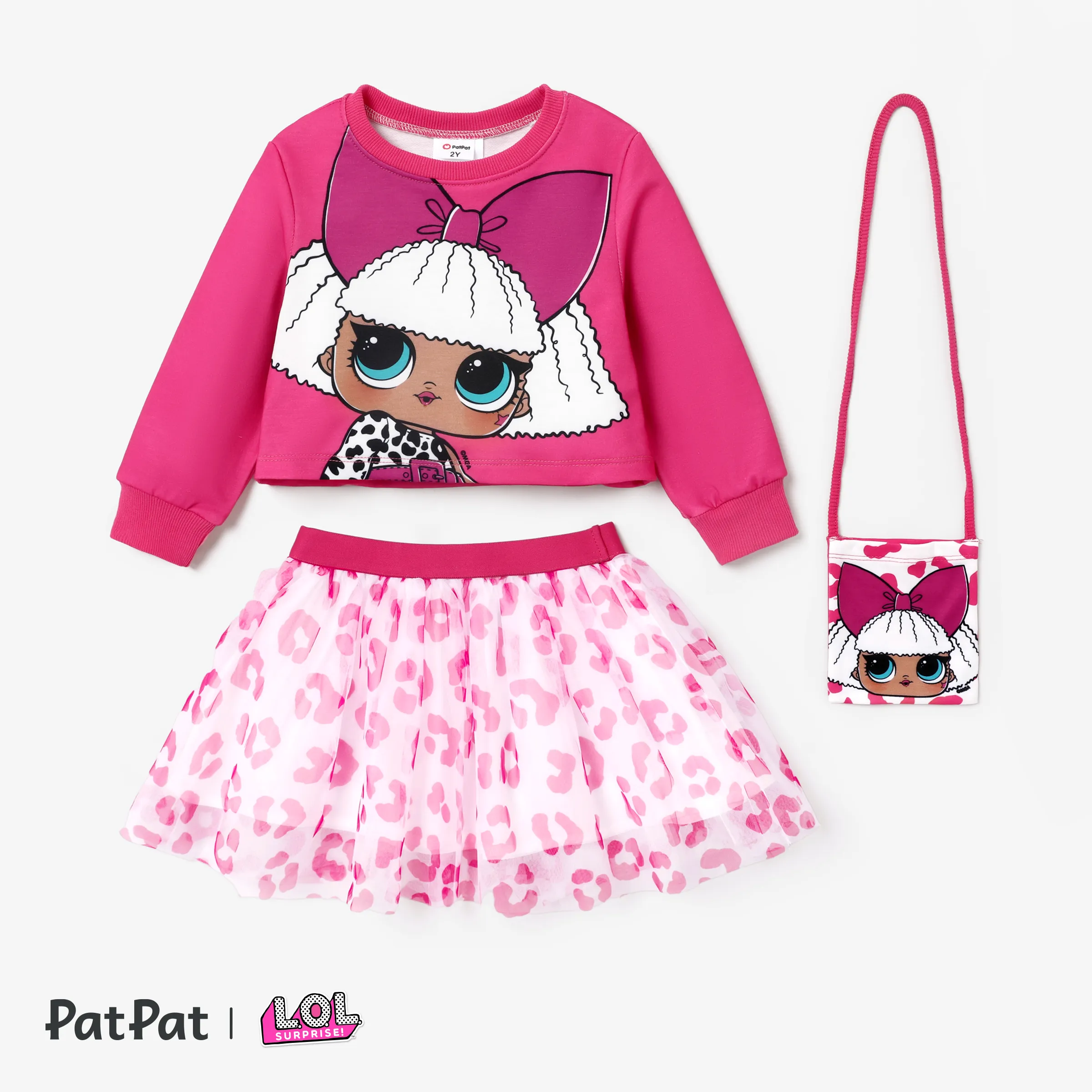 L.O.L. SURPRISE! Toddler Girl Glitter Hem Character Pattern Top with Crossbody Bag Skirt Suit