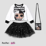 L.O.L. SURPRISE! Toddler Girl Glitter Hem Character Pattern Top with Crossbody Bag Skirt Suit  BlackandWhite