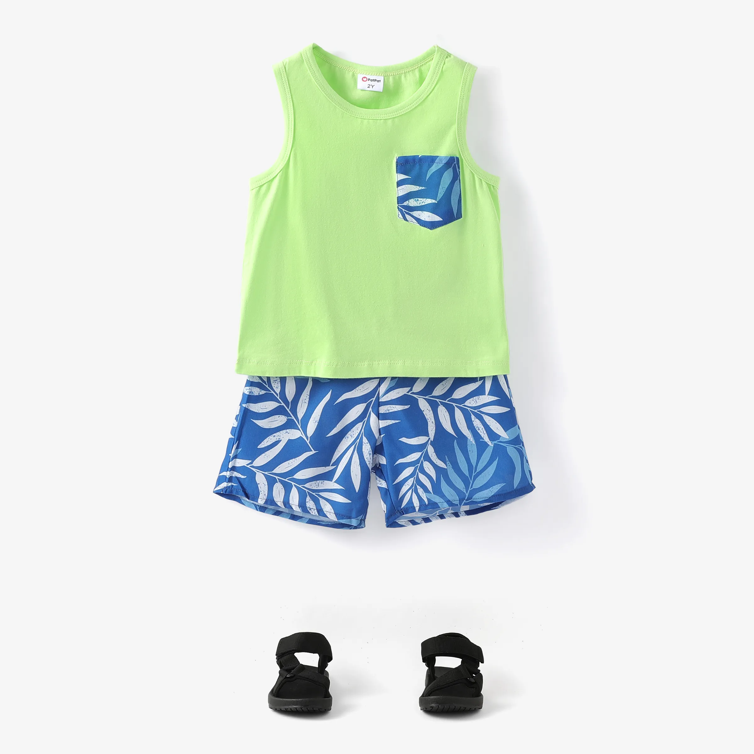 Toddler Boy 2pcs Vacay Pocket Design Tank Top And Tropical Plant Pattern Shorts Set/ Sandals