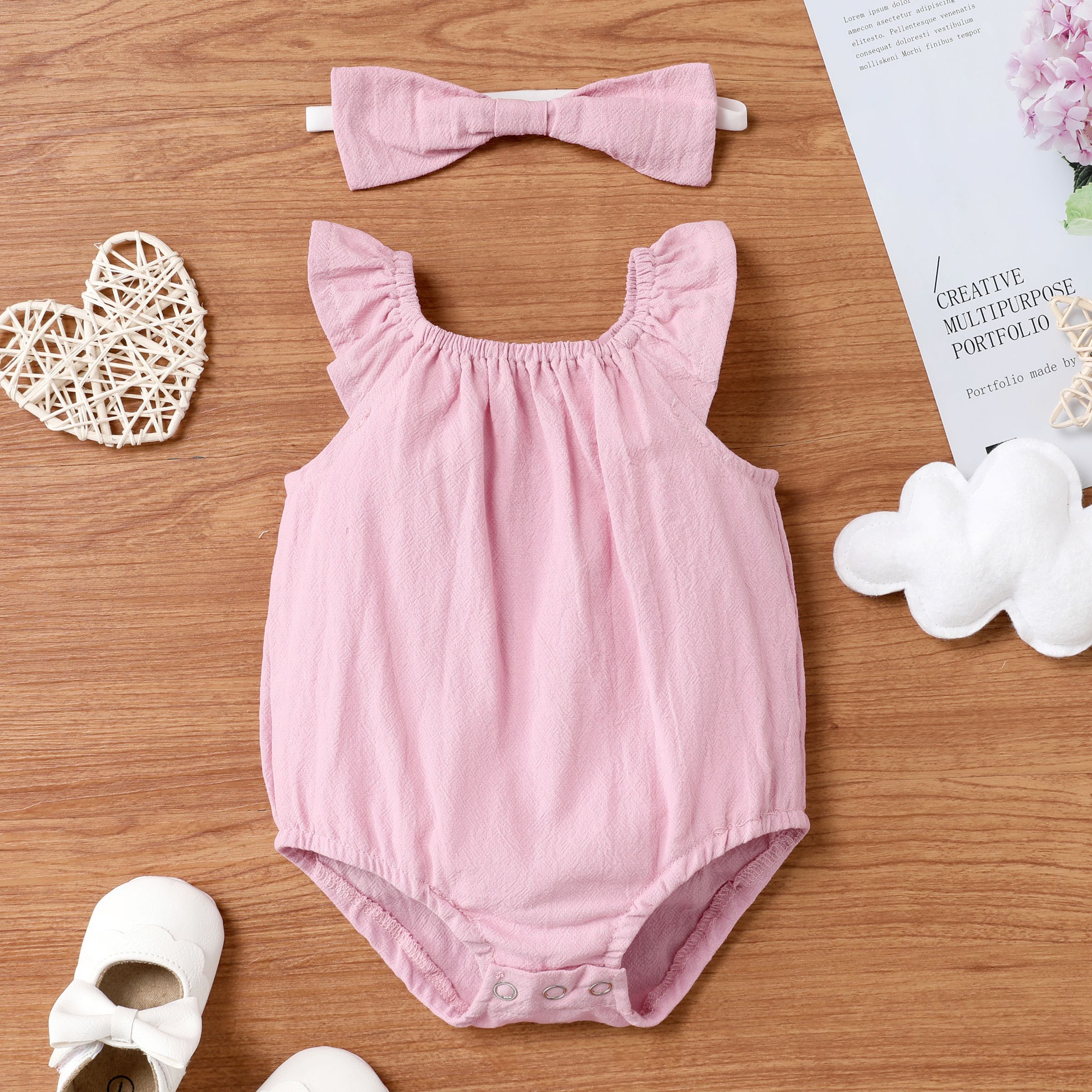 2pcs Baby Girl Flutter Sleeve Rompers Suit Set In Solid Color