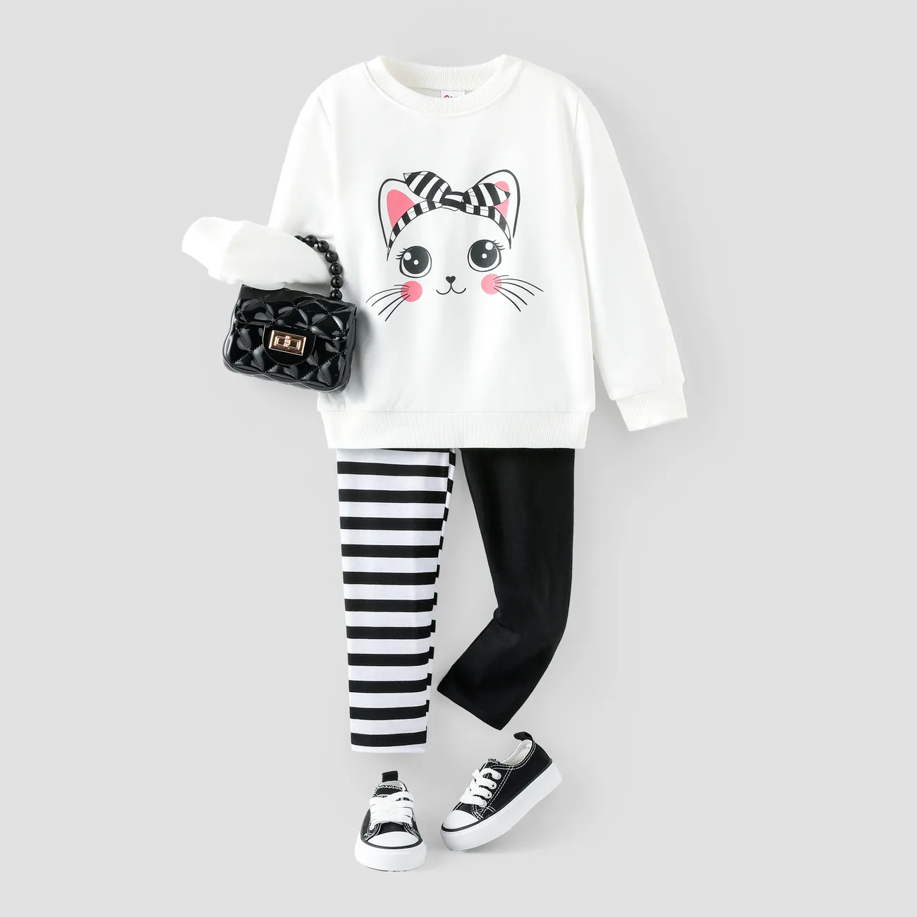 2 pièces Enfant en bas âge Fille Couture de tissus Enfantin Chat sweat ensembles noir et blanc big image 1