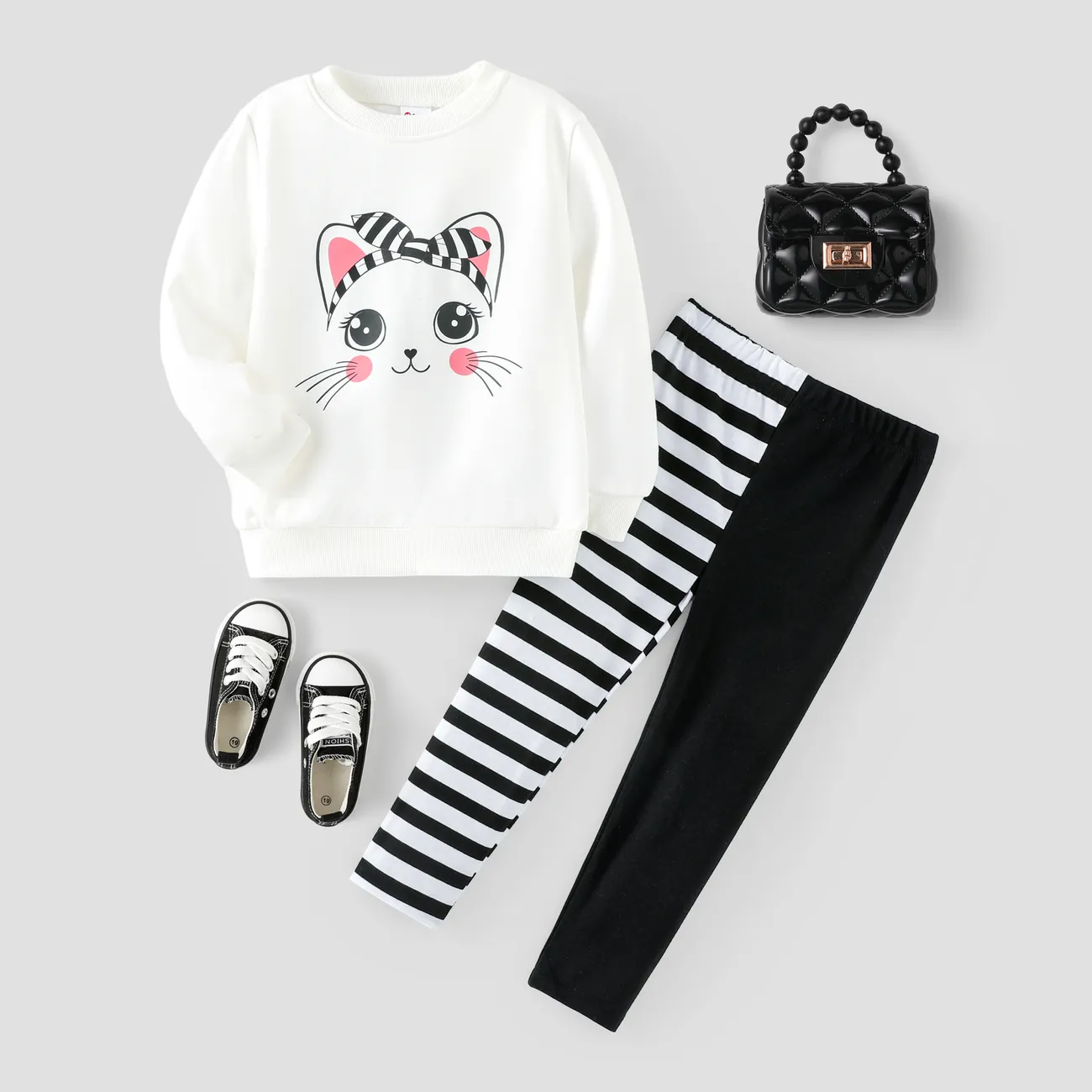 2 unidades Niño pequeño Chica Costura de tela Infantil Gato conjuntos de sudadera blanco y negro big image 1
