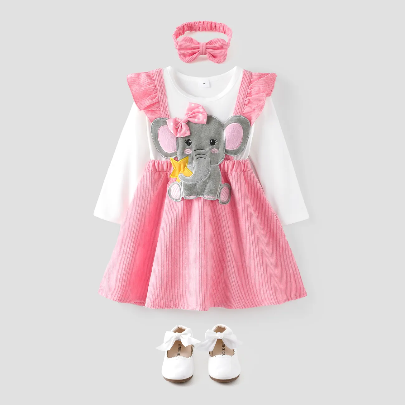2pcs Toddler Girl 95% Cotton Elephant Graphic Ribbed Long-sleeve Dress and Headband Set Pink big image 1