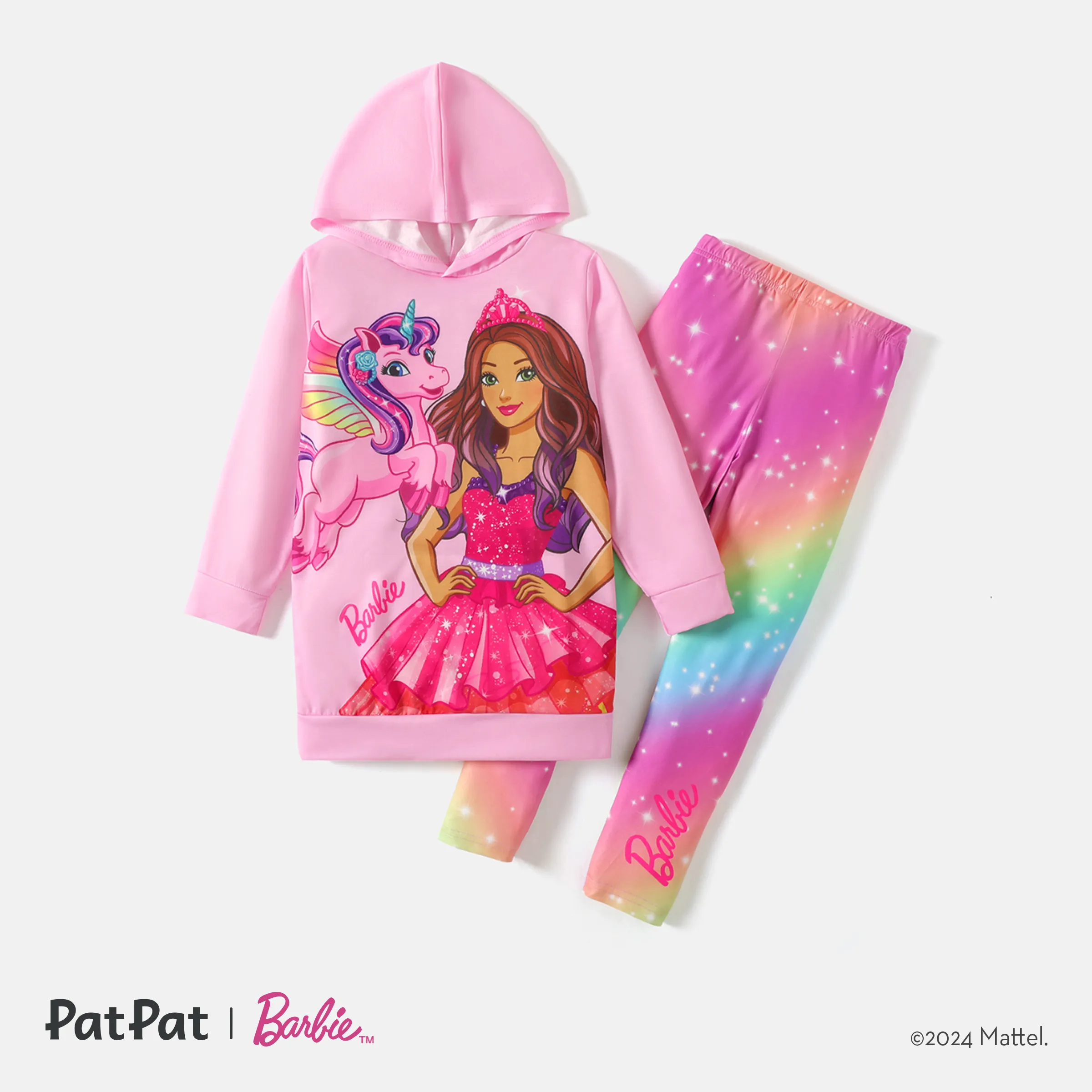 Barbie 2pcs Kid Girl Character Print Sweat à Capuche Rose Et Ensemble De Leggings Teints Par Cravate