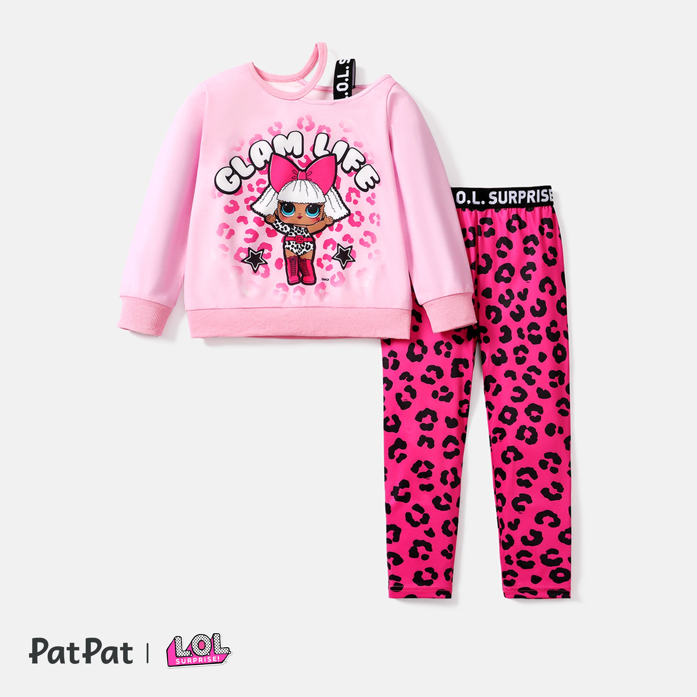 

L.O.L. SURPRISE! 2pcs Kid Girl Character Letter Print Cut Out Long-sleeve Tee and Leopard Print Leggings Set