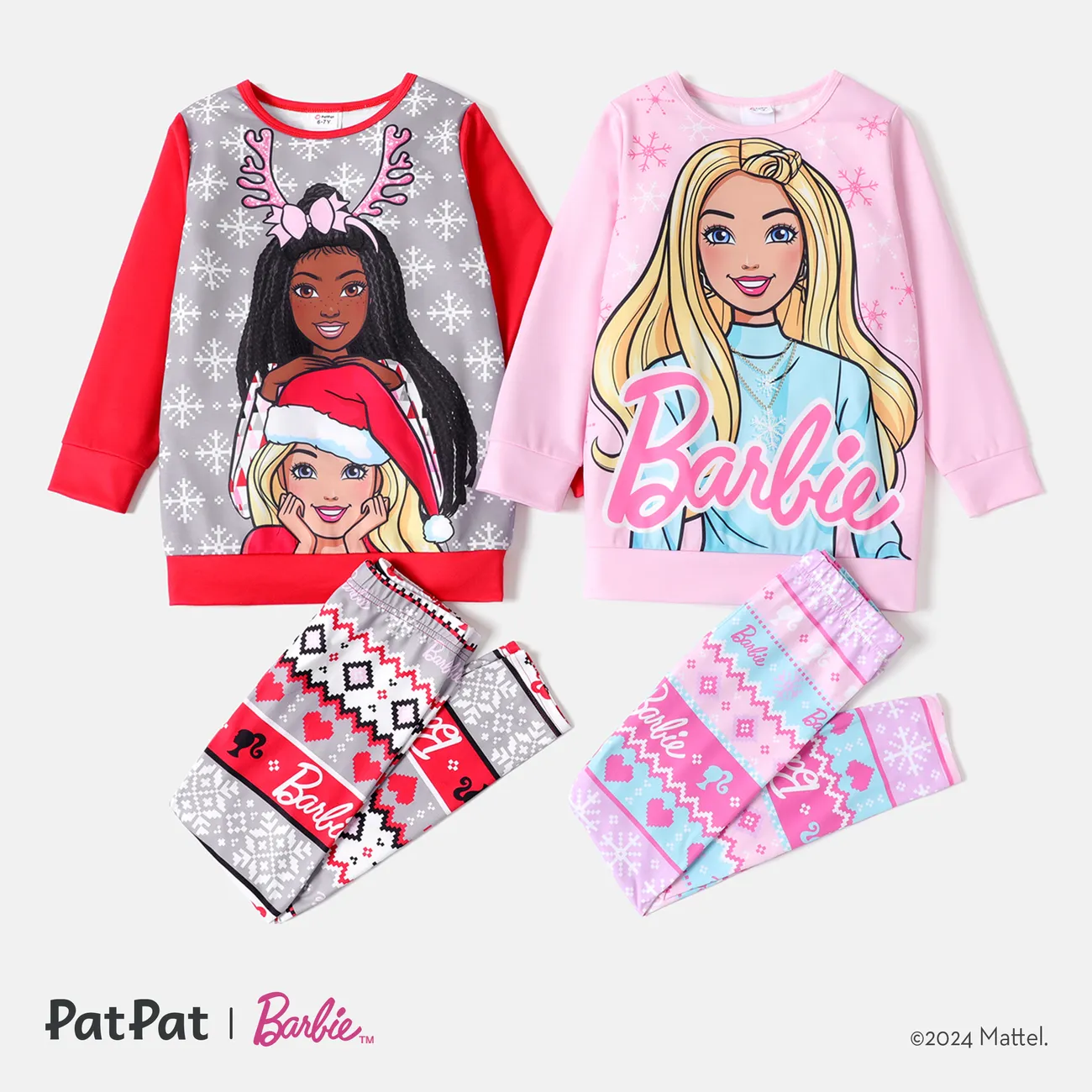 Barbie 2pcs Kid Girl Christmas Snowflake Print Sweatshirt and Elasticized Pants Set Pink big image 1