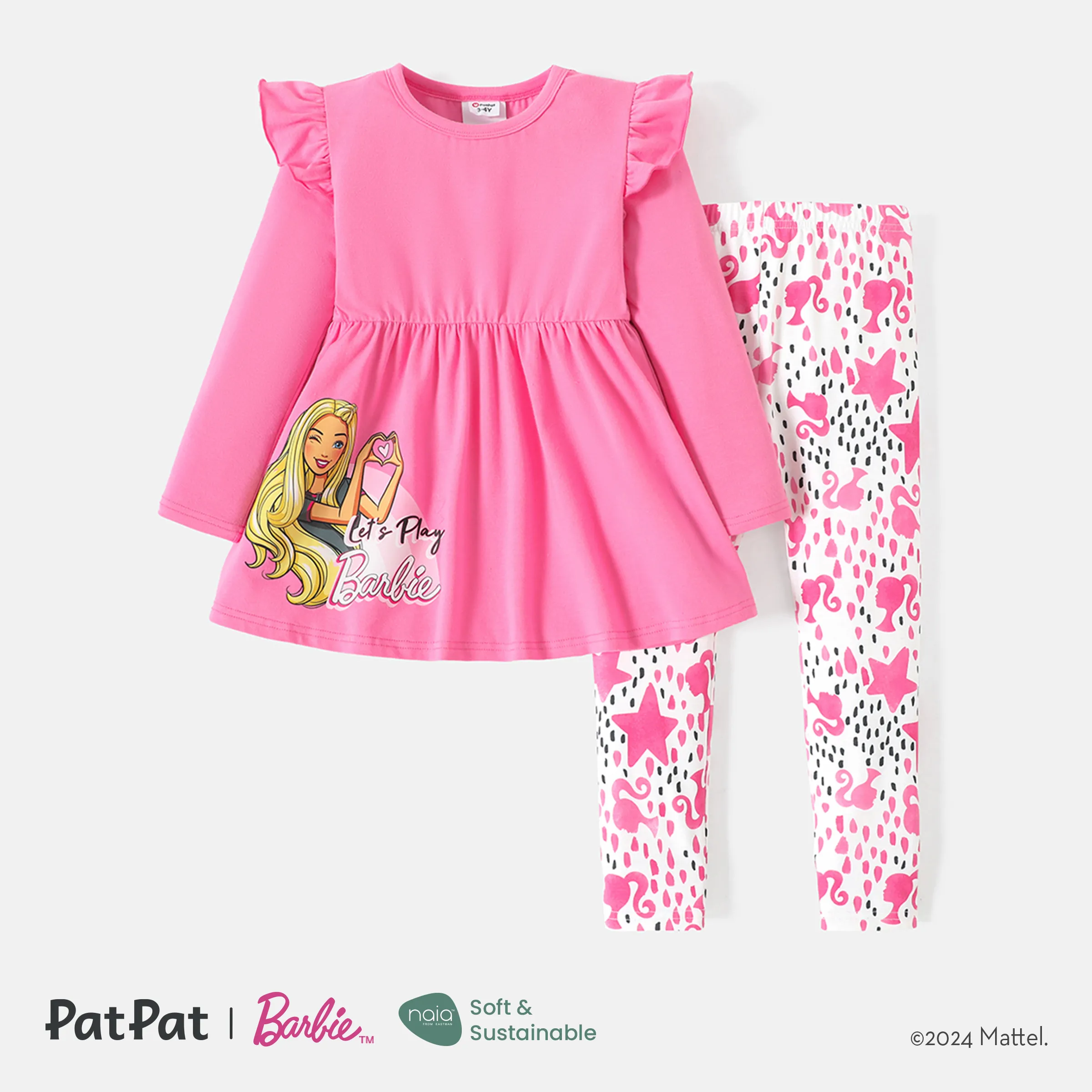 Barbie 2pcs Toddler Girl Ruffled Long-sleeve Cotton Tee and Allover Print Leggings Set