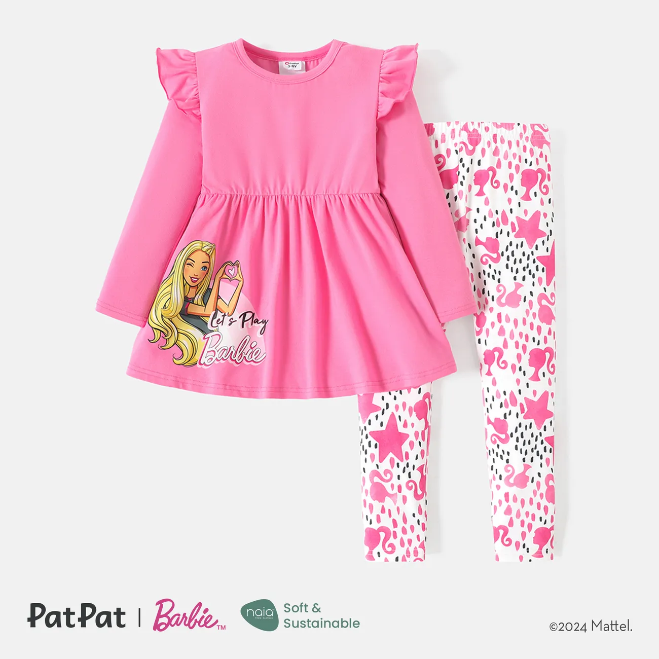 Barbie 2pcs Toddler Girl Ruffled Long-sleeve Cotton Tee and Allover Print Leggings Set Pink big image 1