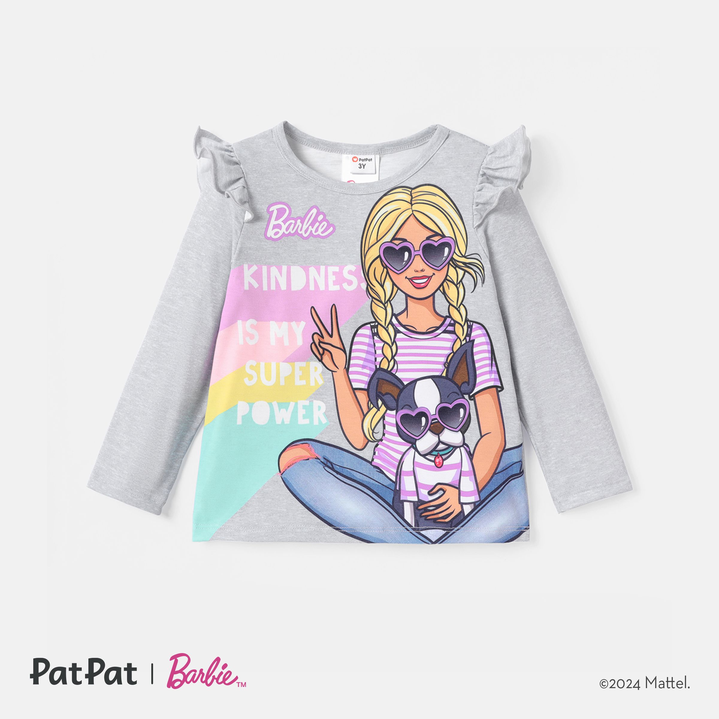 T-shirt à Manches Longues à Volants Et à Imprimé Personnage Barbie Pour Toute-petite Fille