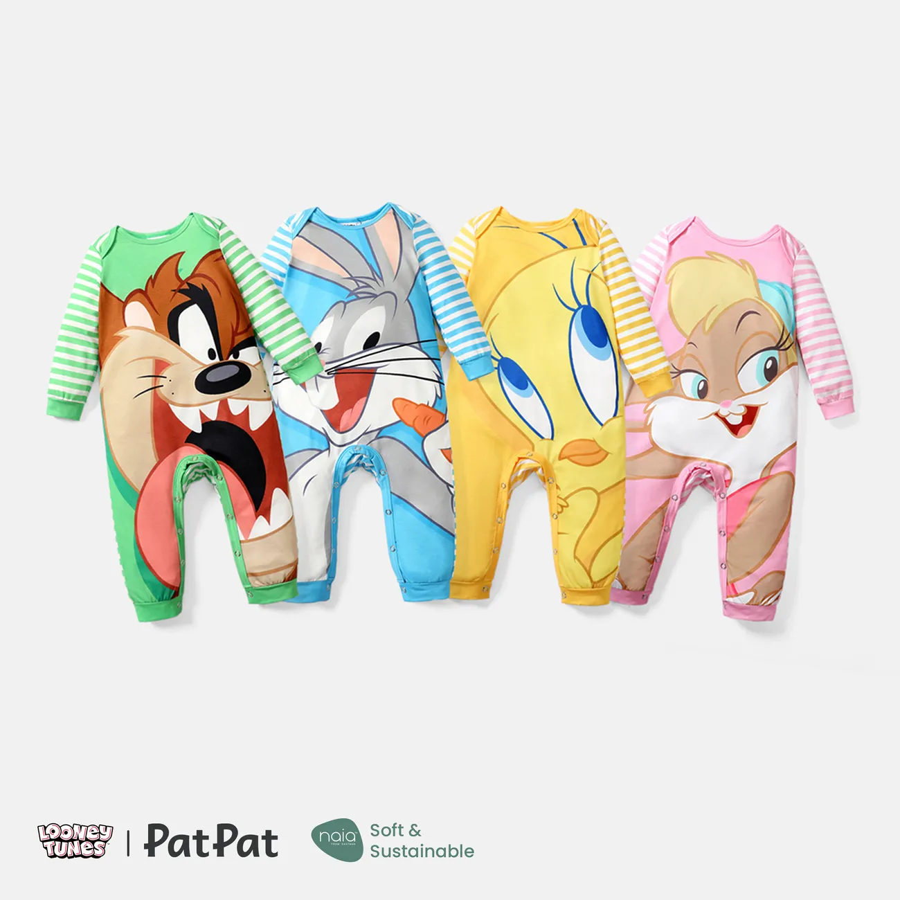 Looney Tunes Baby Boy/Girl Cartoon Animal Print Striped Long-sleeve Naia™ Jumpsuit PinkyWhite big image 1