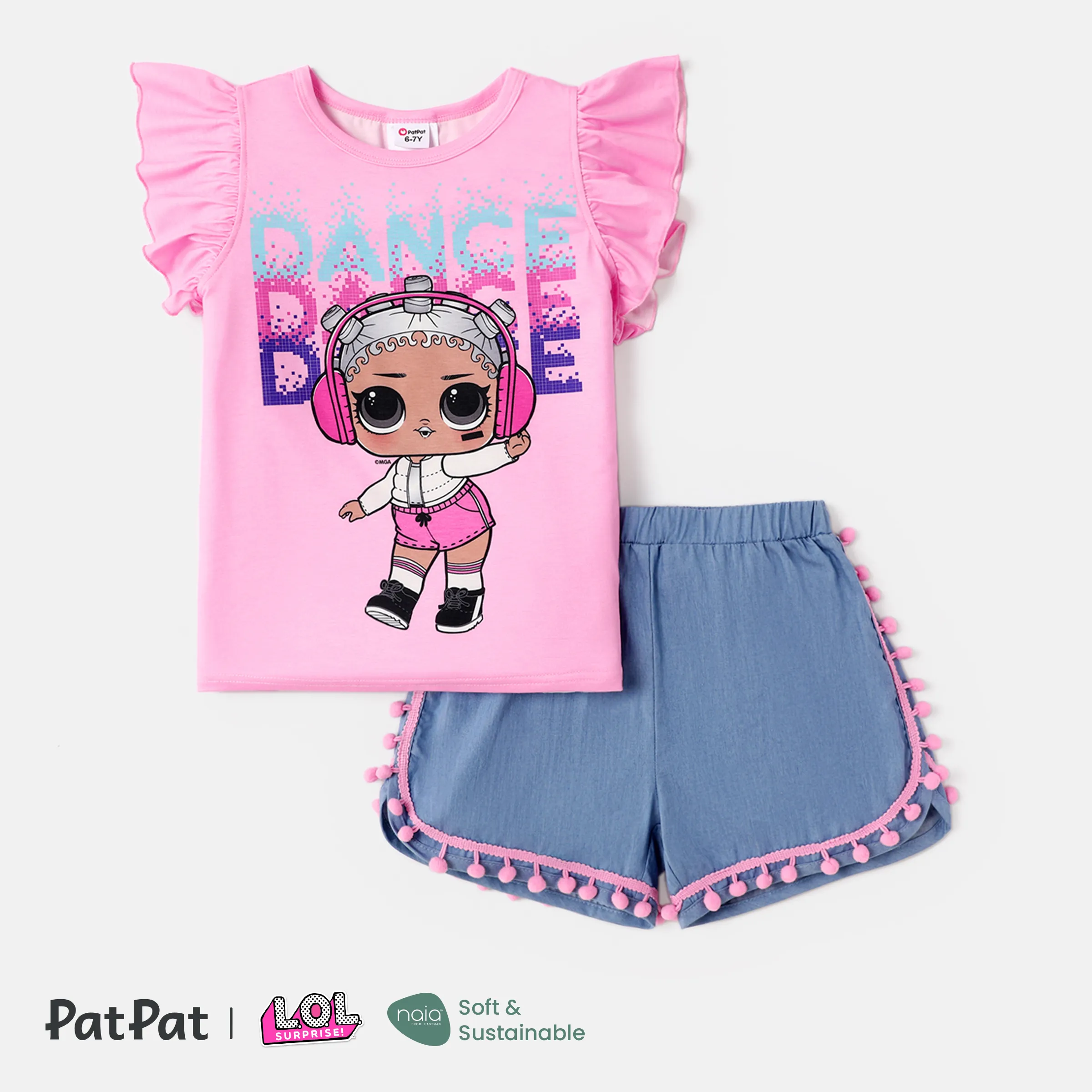 L.O.L. SURPRISE! Kid Girl 2pcs Character Print Naiaâ¢ Flutter-sleeve Top & Pom Pom Decor Shorts Set