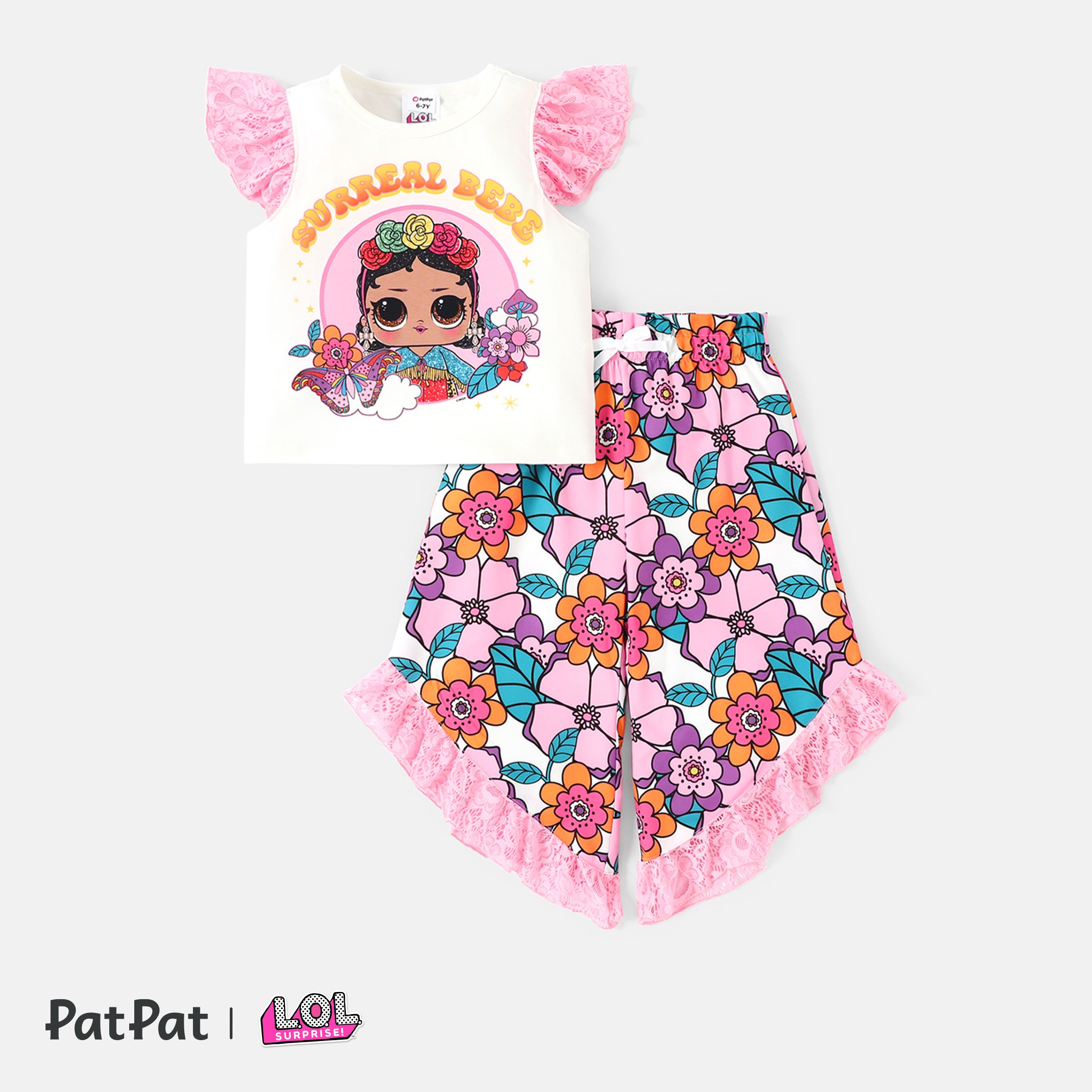 L.O.L. SURPRISE ! Kid Girl 2pcs Naia™ Character Print Flutter-sleeve Top Et Floral Print Ruffle Hem Pants Set