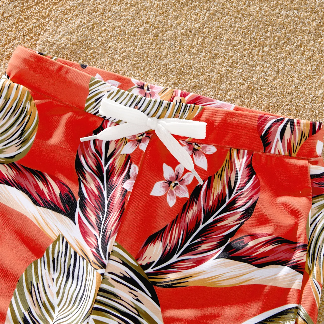 Family Matching Drawstring Swim Trunks or Tropical Floral Ruffle V-Neck Swimsuit Orange color big image 1