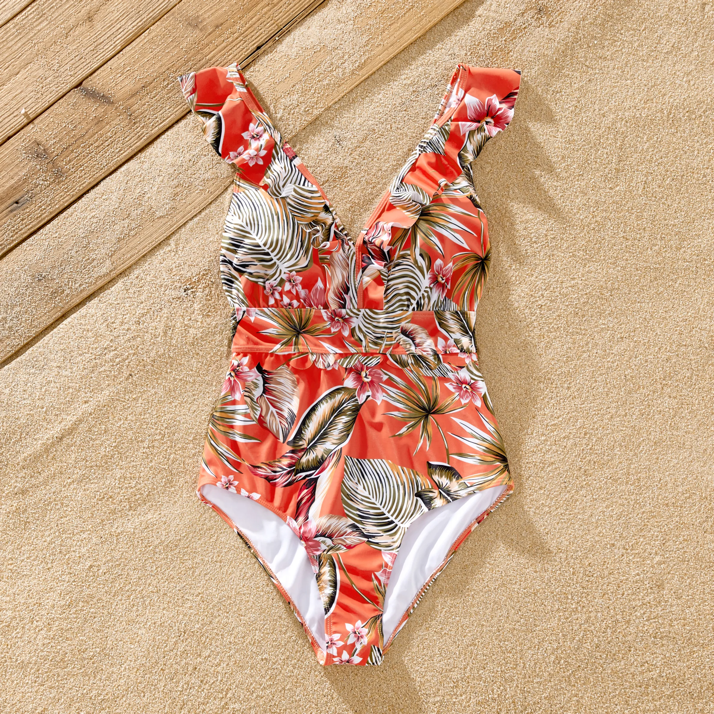Family Matching Drawstring Swim Trunks Or Tropical Floral Ruffle V-Neck Swimsuit