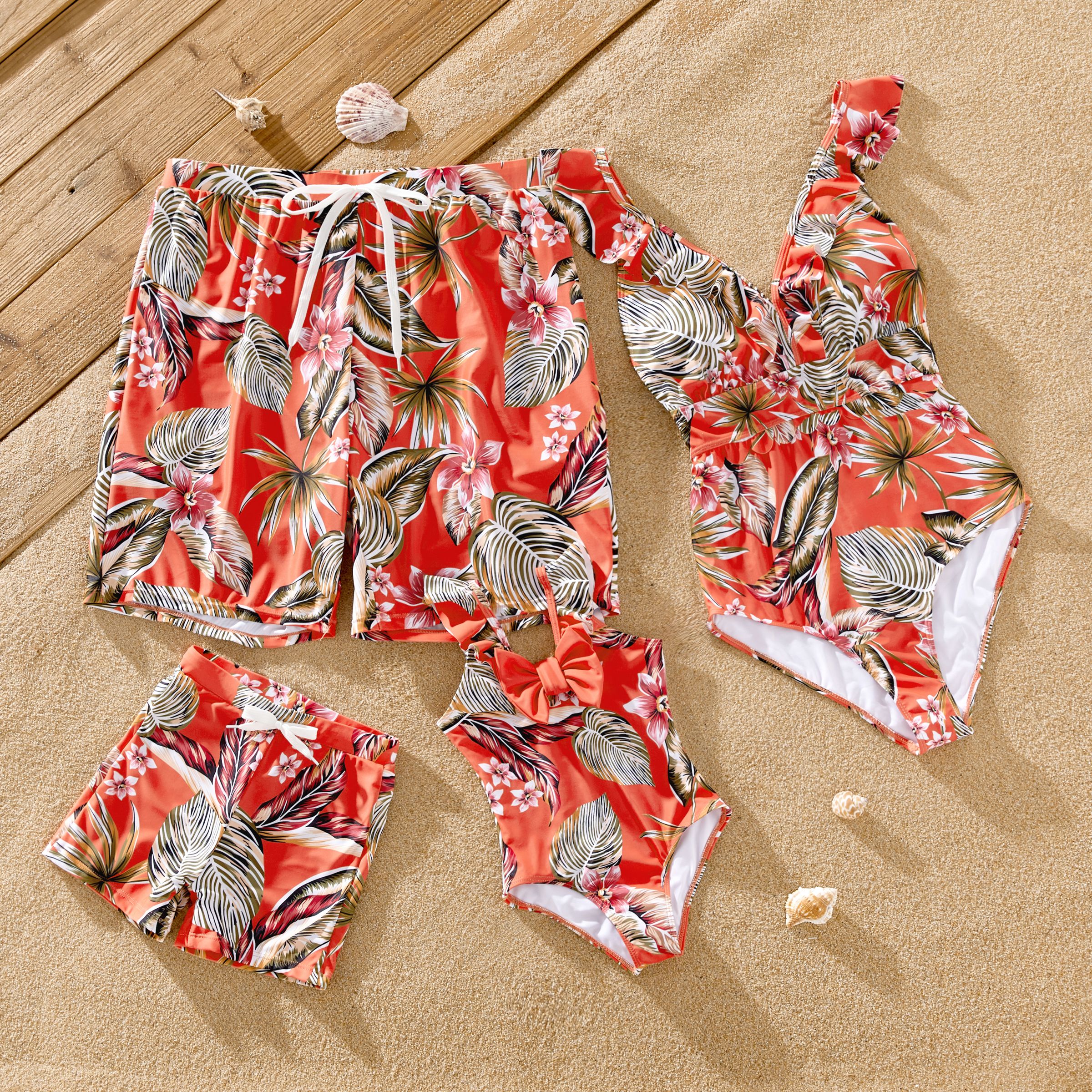 Family Matching Drawstring Swim Trunks Or Tropical Floral Ruffle V-Neck Swimsuit