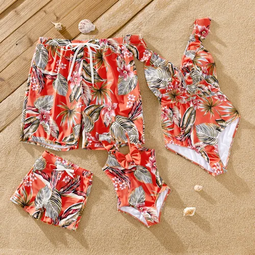 Family Matching Drawstring Swim Trunks or Tropical Floral Ruffle V-Neck Swimsuit