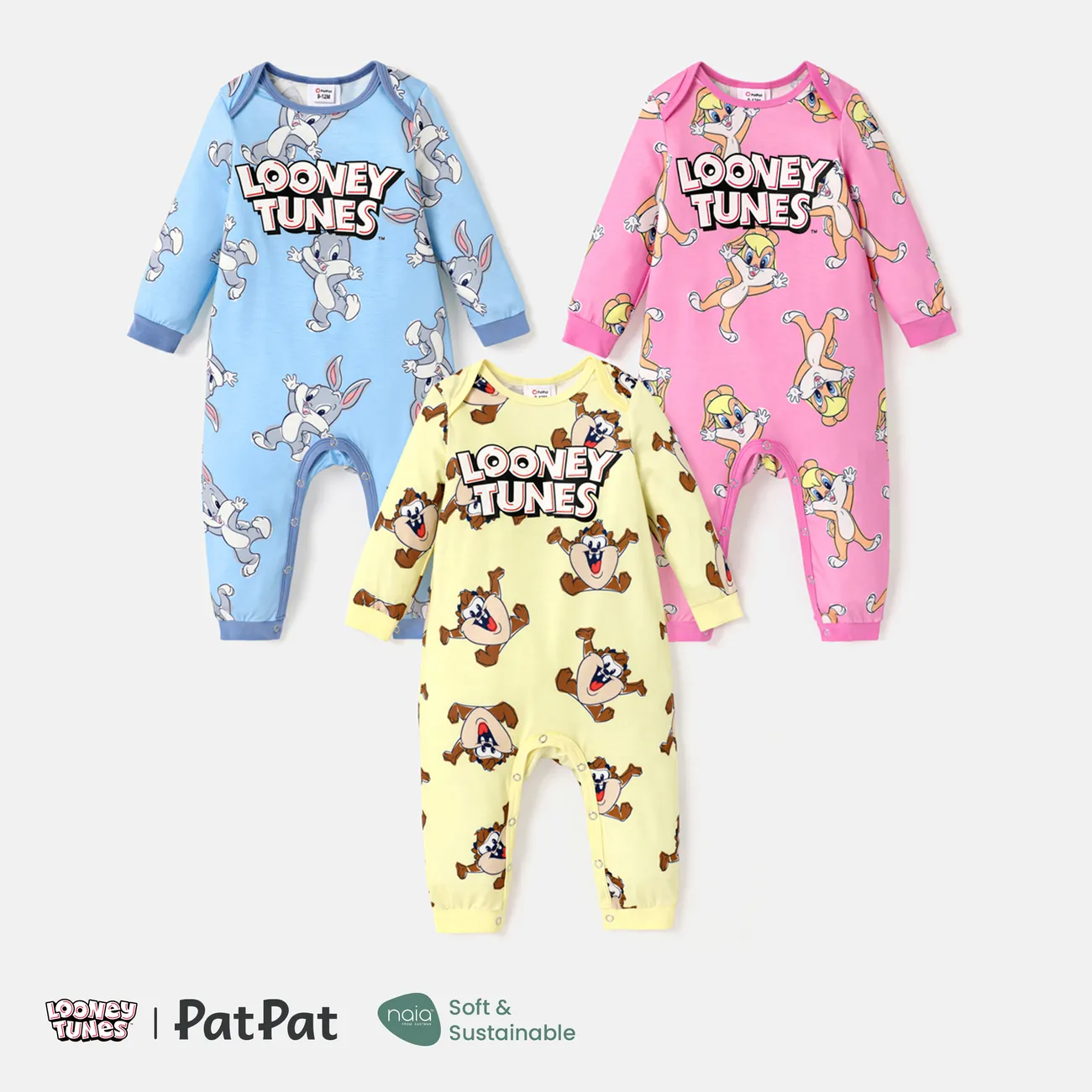 Looney Tunes Baby Girl/Boy Naia™ Character & Letter Print Long-sleeve Jumpsuit  Blue big image 1