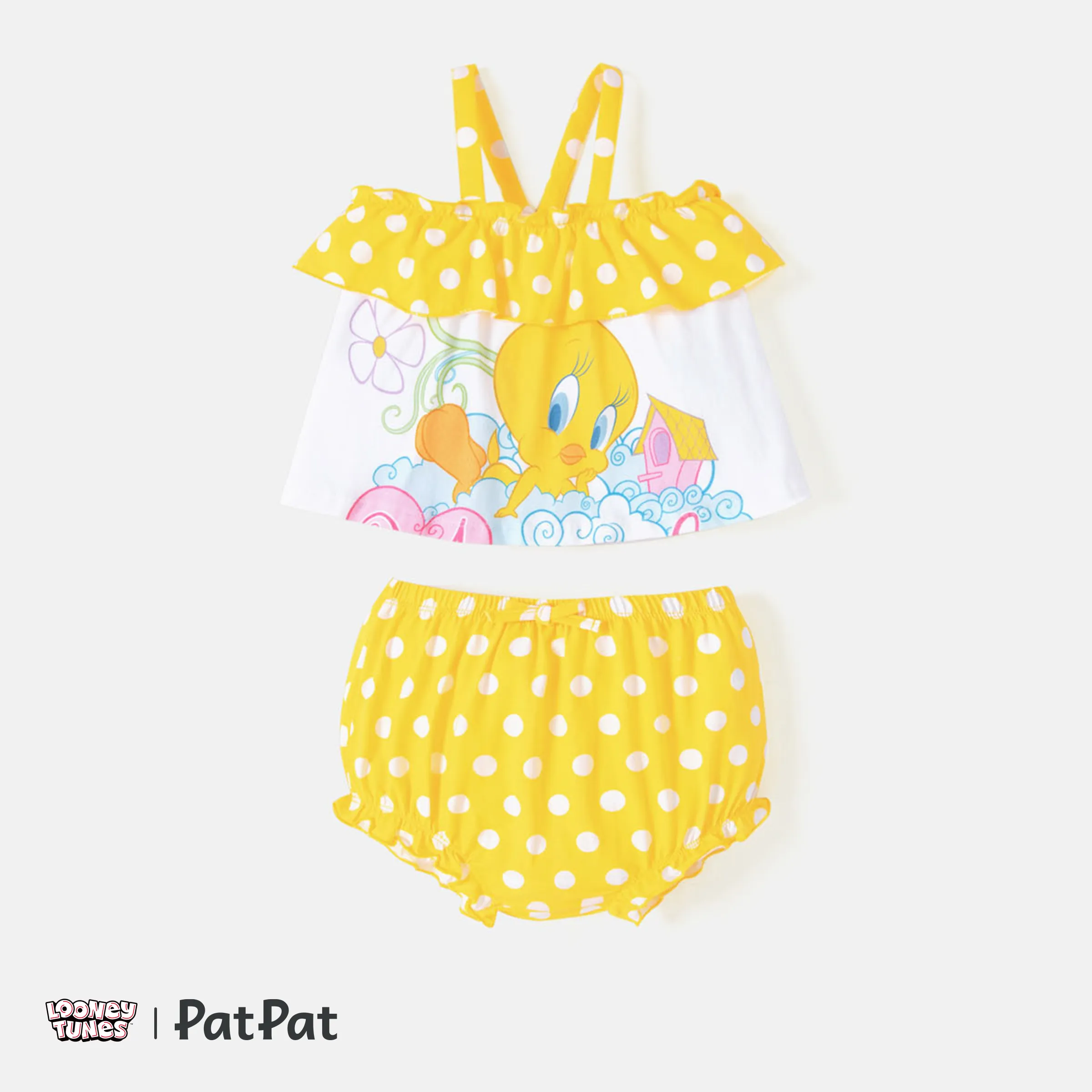 

Looney Tunes Baby Girl 2pcs Character Polka Dots Print Cotton Ruffled Cami Top and Shorts Set