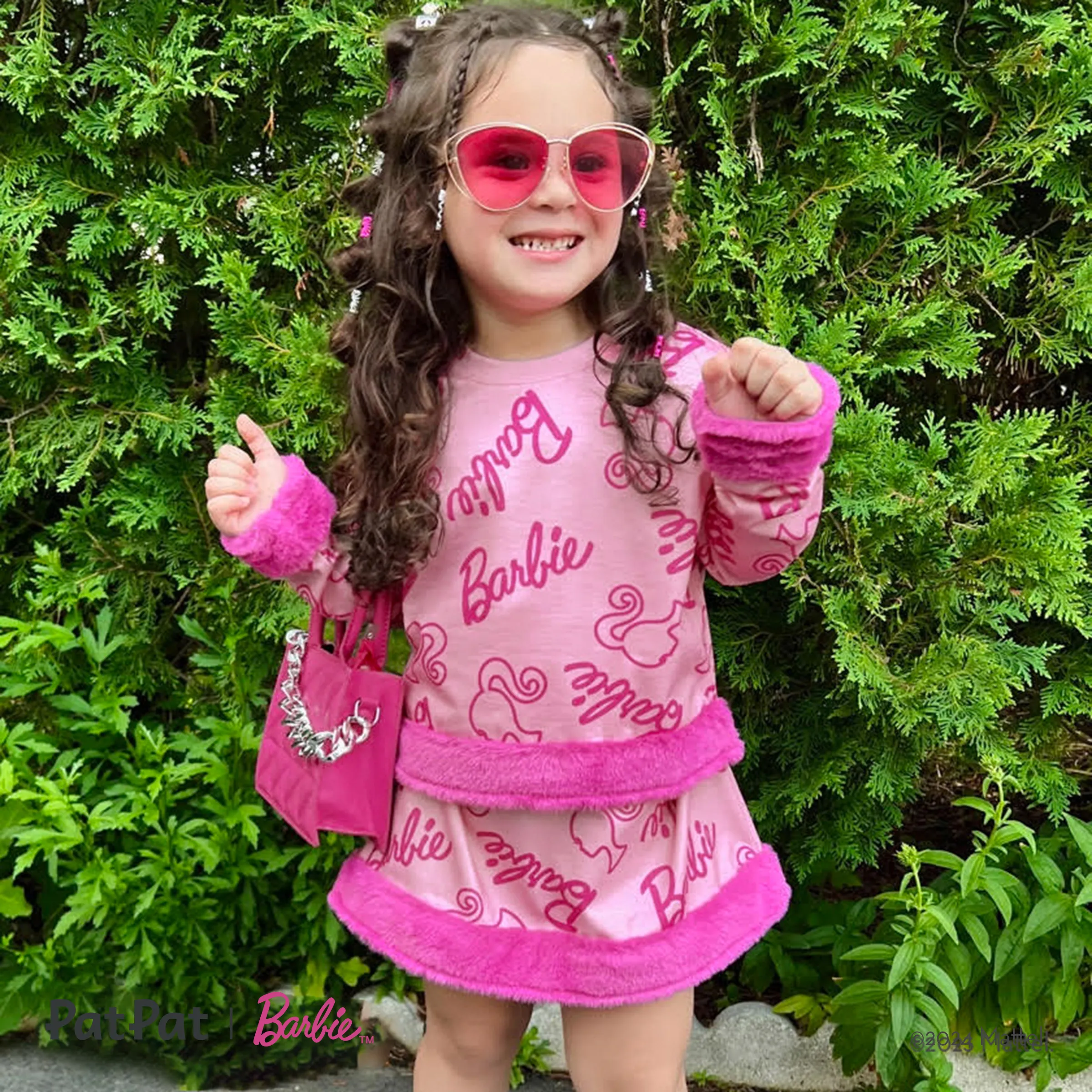 Barbie Kid Girl 2pcs Naia™ Letter Print Plush Trim Long-sleeve Top And Skirt Set