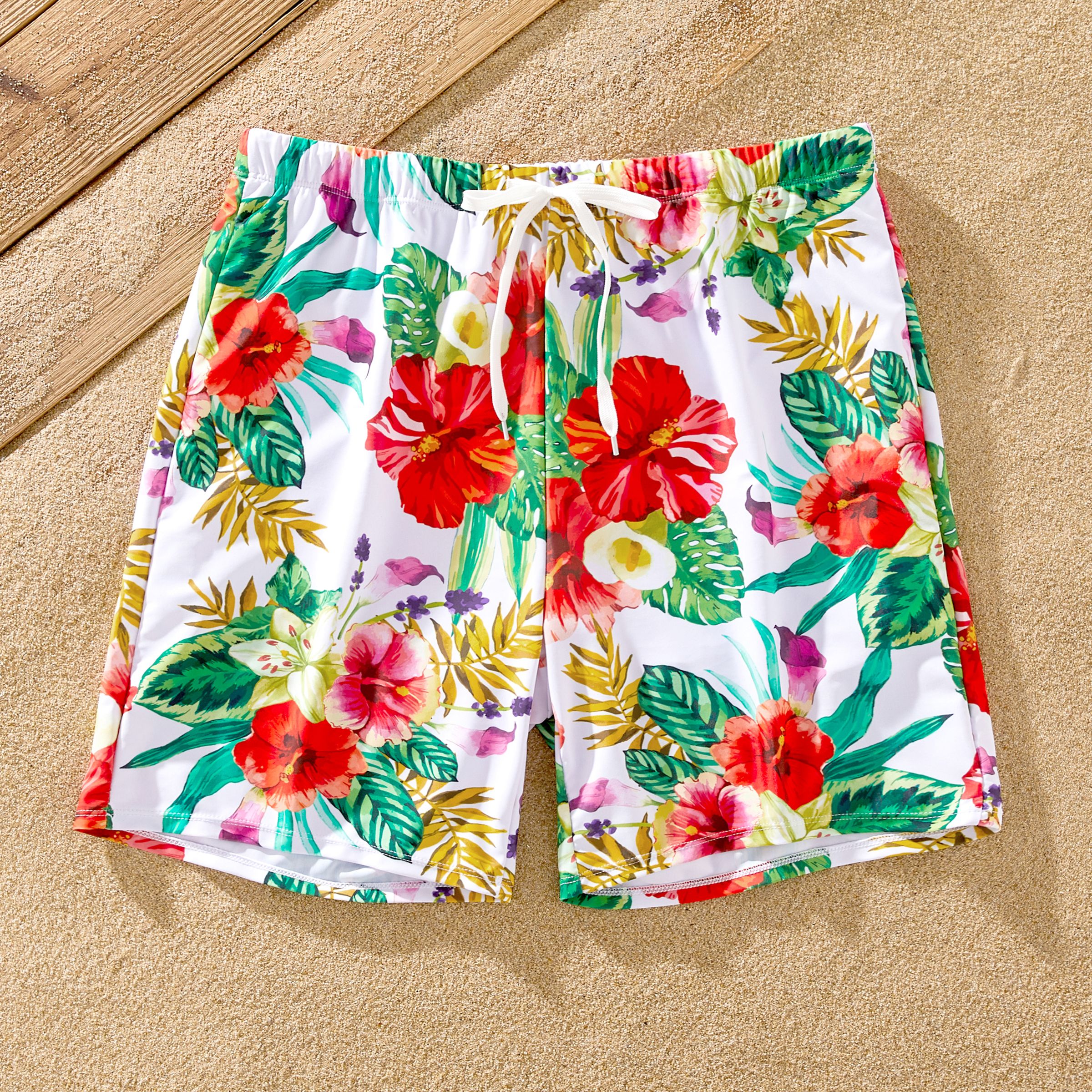 Family Matching Floral Drawstring Swim Trunks Or Halter Tie Cross Front Swimsuit
