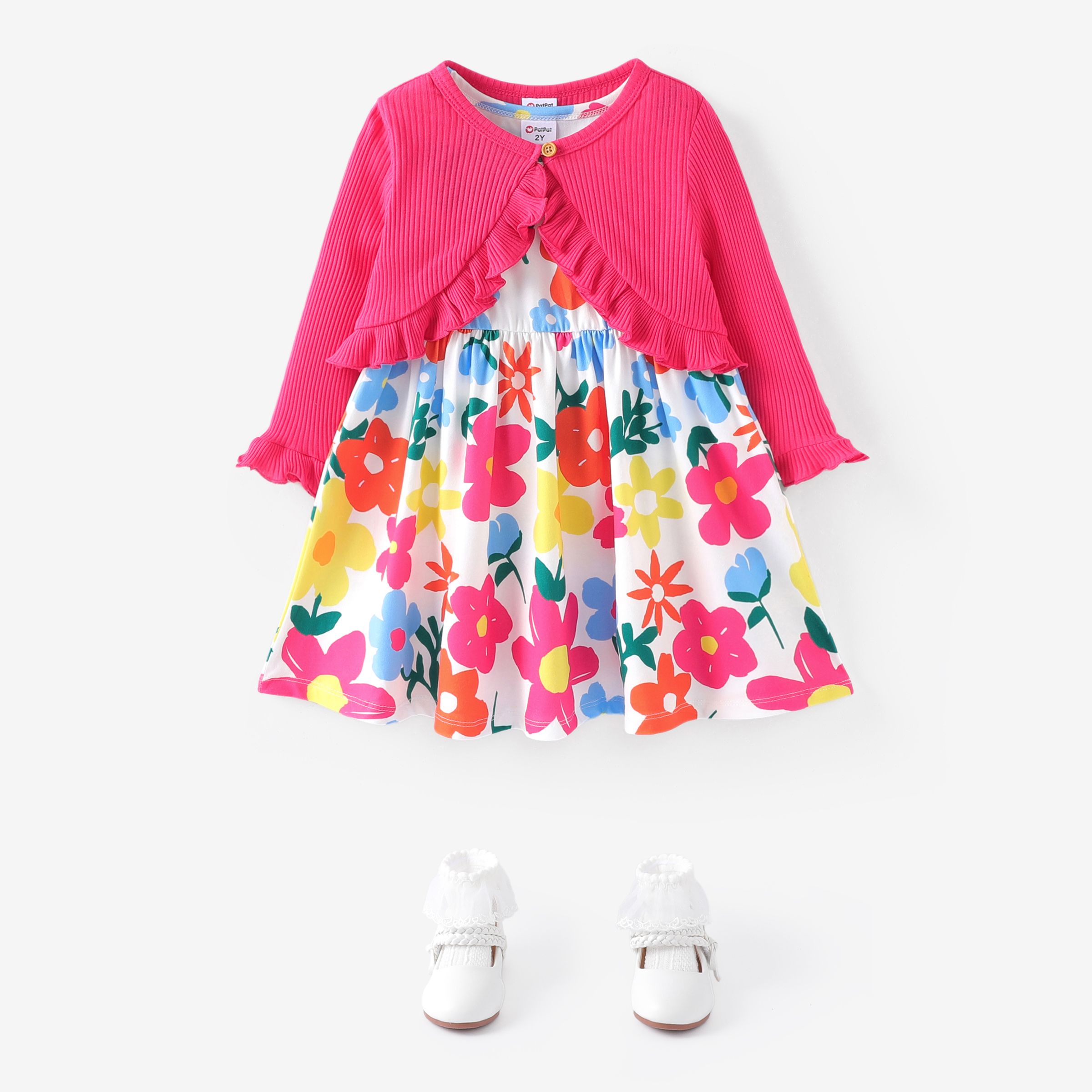 Toddler Girl 2pcs Sweet Ruffled Cardigan And Floral Pattern Dress Set/ Socks/ Shoes