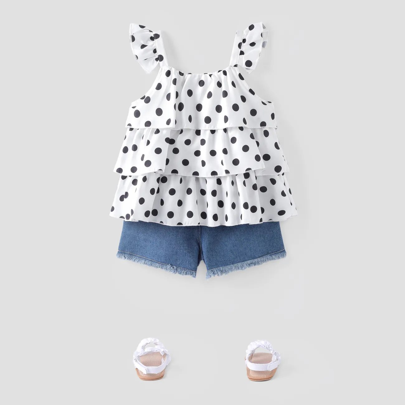 2pcs Baby Girl Polka Dots Layered Ruffled Tank Top and Raw Hem Ripped Denim Shorts Set White big image 1