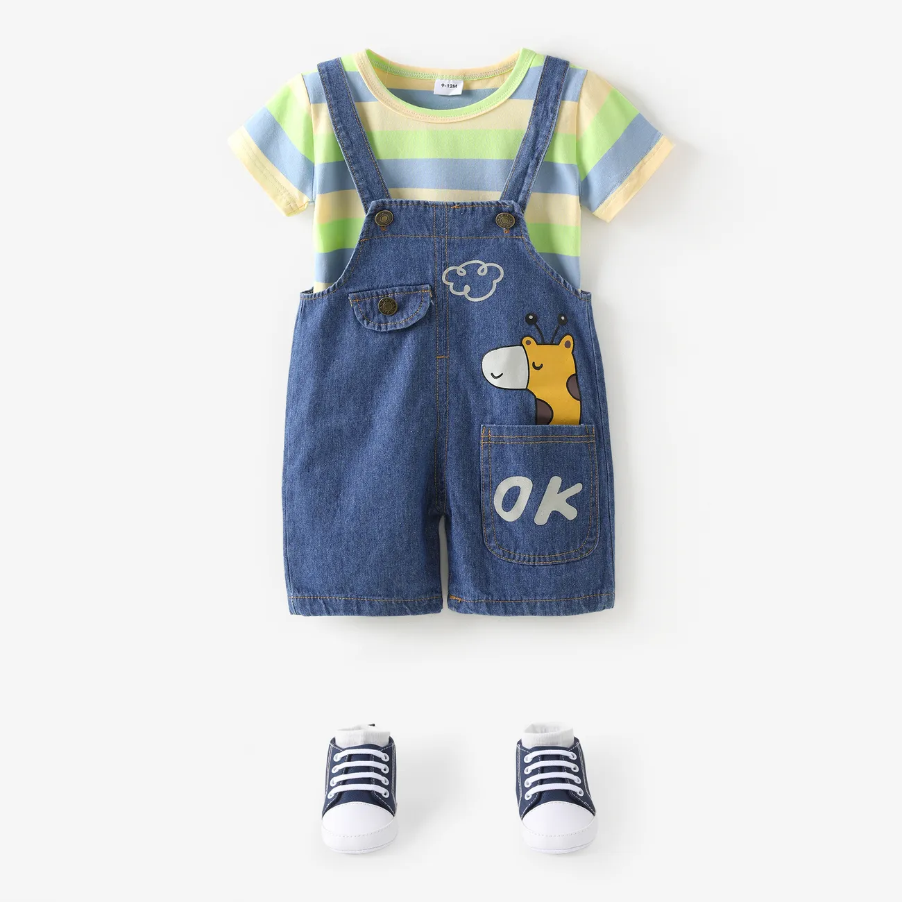 2pcs Baby Boy/Girl 95% Cotton Short-sleeve Striped Tee and Cartoon Giraffe Print Denim Overalls Shorts Set Green big image 1