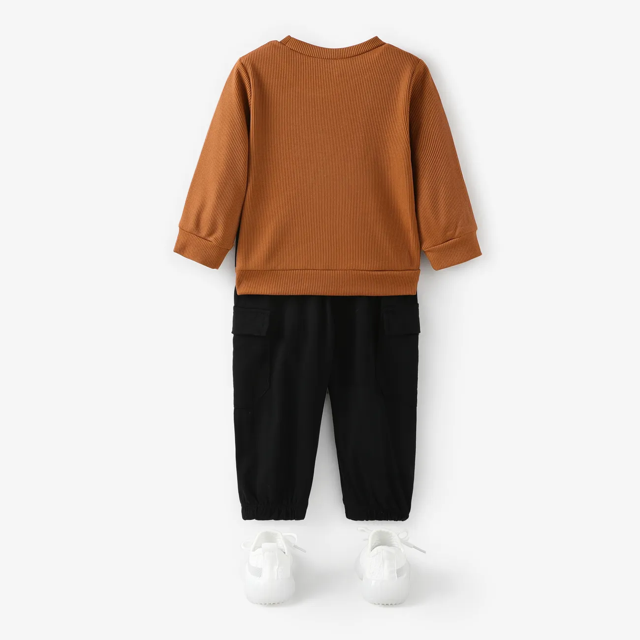 Baby Boy Letter Print Coffee Ribbed Long-sleeve Sweatshirt Coffee big image 1