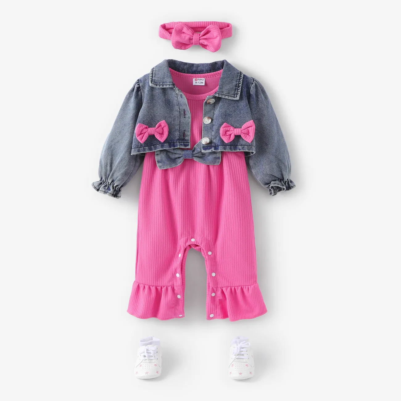 3pcs Baby Girl Sweet Solid Color 3D Butterfly Bow Denim Jumpsuit Set Hot Pink big image 1