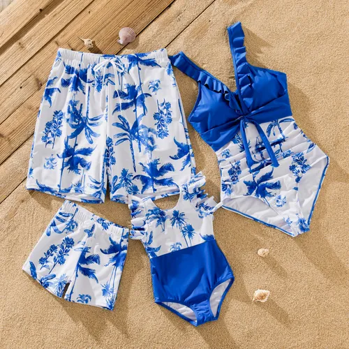 Family Matching Palm Leaf Print Swim Trunks or One-Piece Ruffle V-Neck Swimsuit