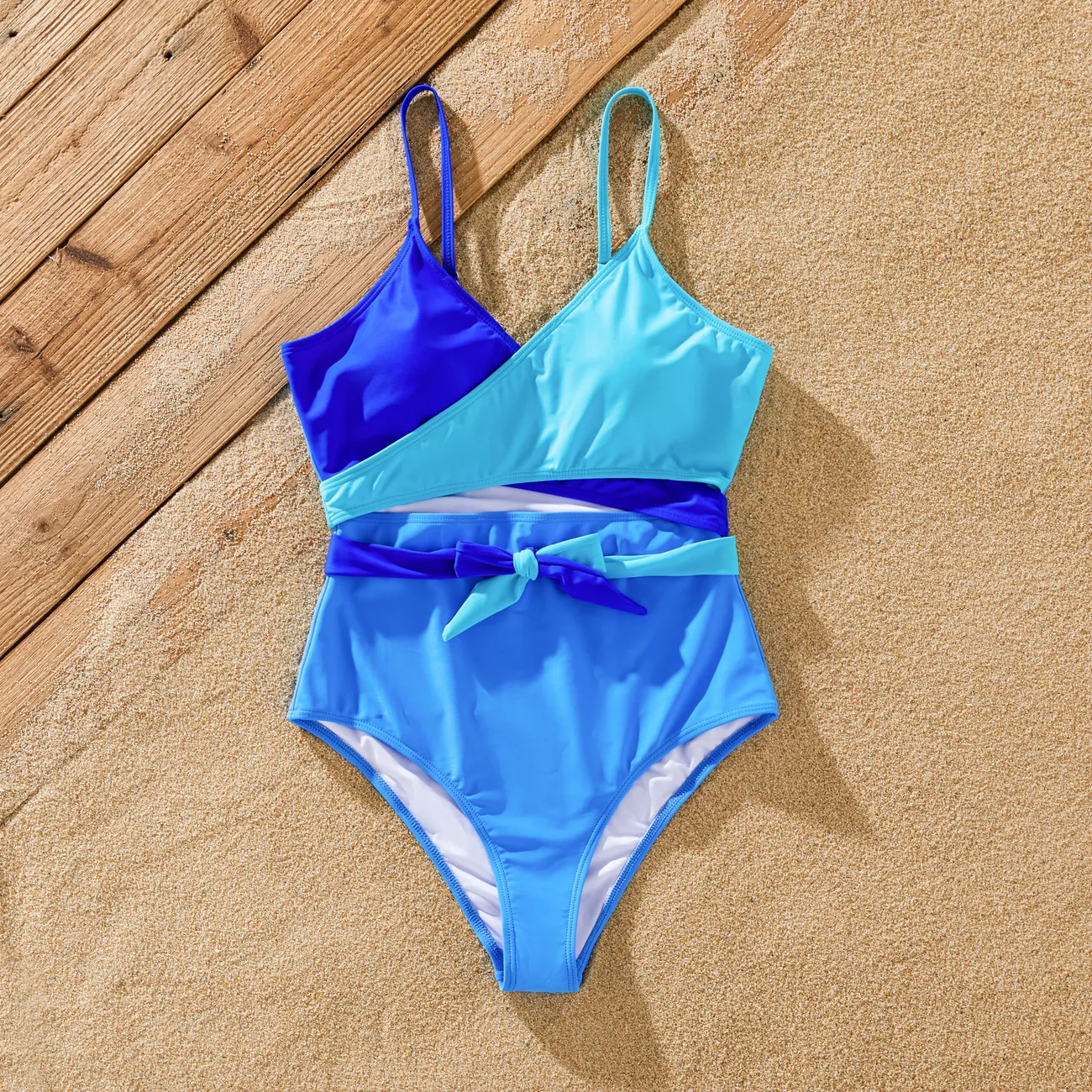 ملابس السباحة إطلالة العائلة للجنسين شريط دانتيل لون سادة متعدد الألوان big image 1