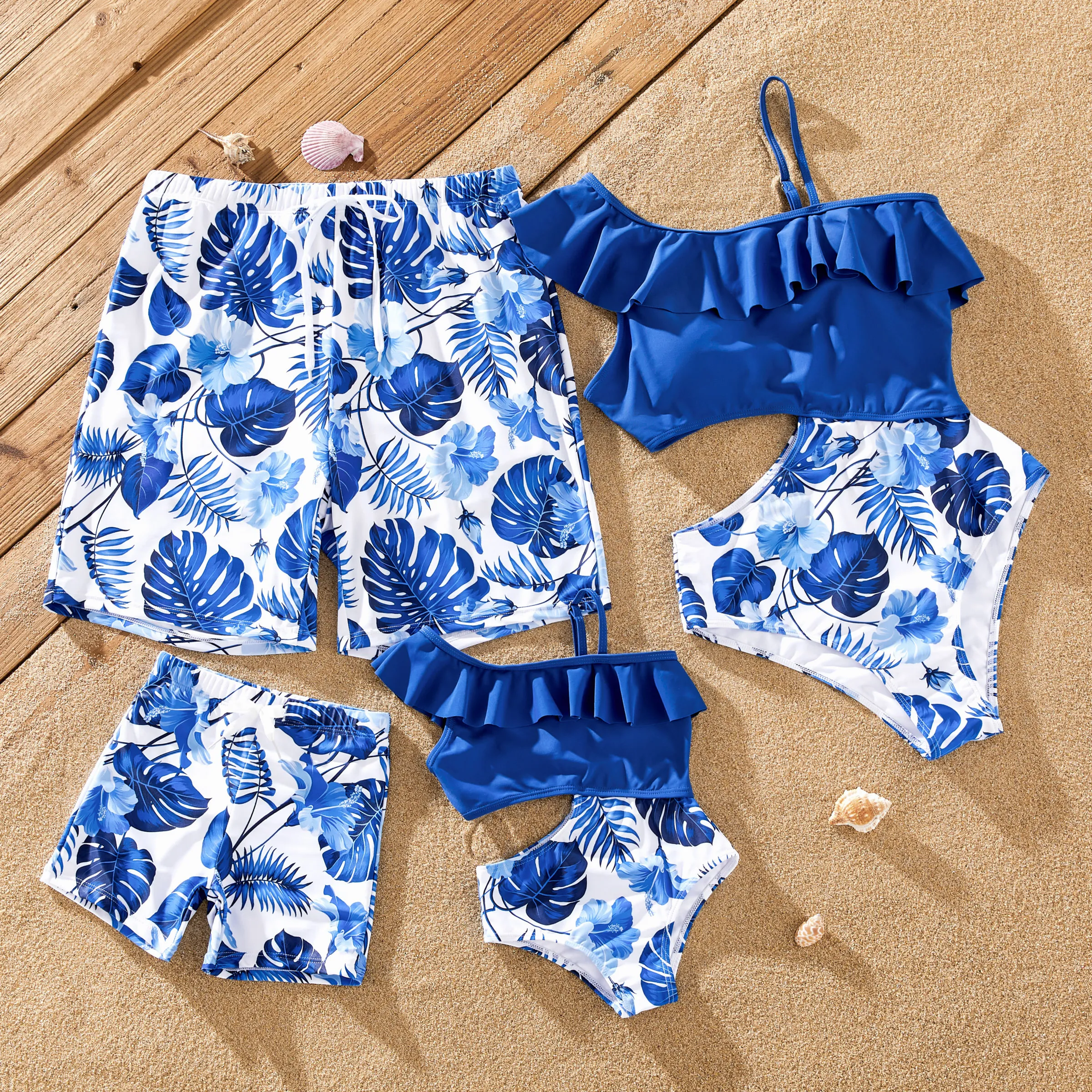 Family Matching Floral Drawstring Swim Trunks Or Ruffle One Shoulder Swimsuit With Single Strap