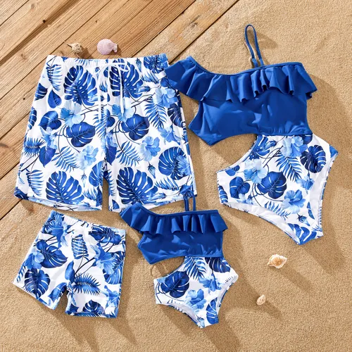 Family Matching Floral Drawstring Swim Trunks or Ruffle One Shoulder Swimsuit with single Strap