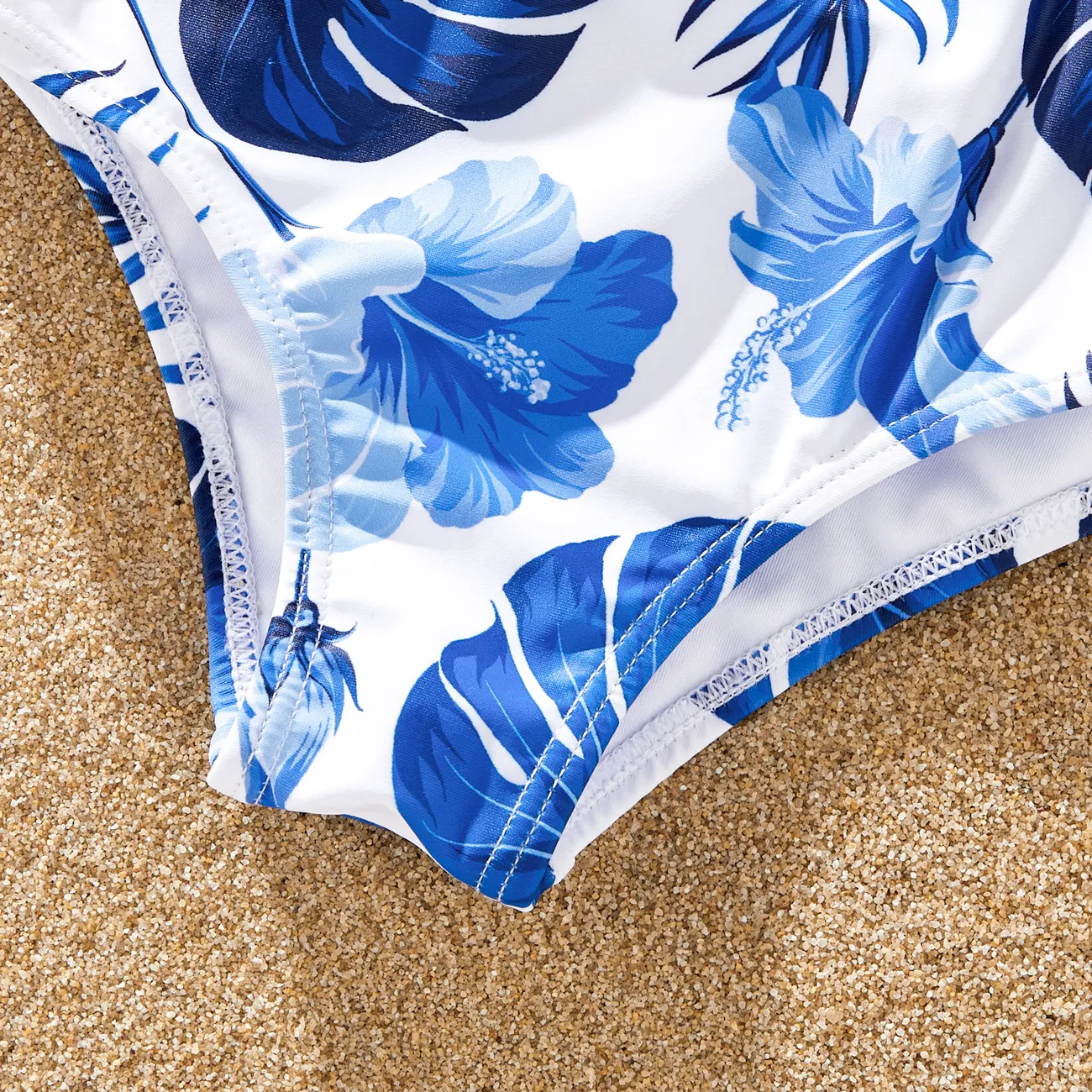 Family Matching Floral Drawstring Swim Trunks or Ruffle One Shoulder Swimsuit with single Strap Blue big image 1
