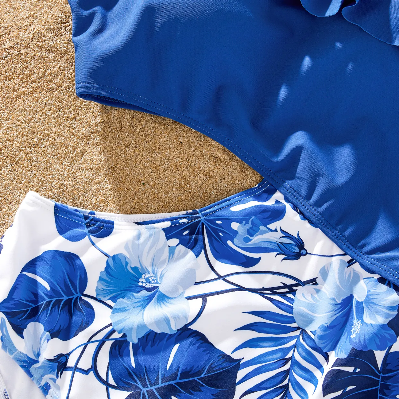 Family Matching Floral Drawstring Swim Trunks or Ruffle One Shoulder Swimsuit with single Strap Blue big image 1