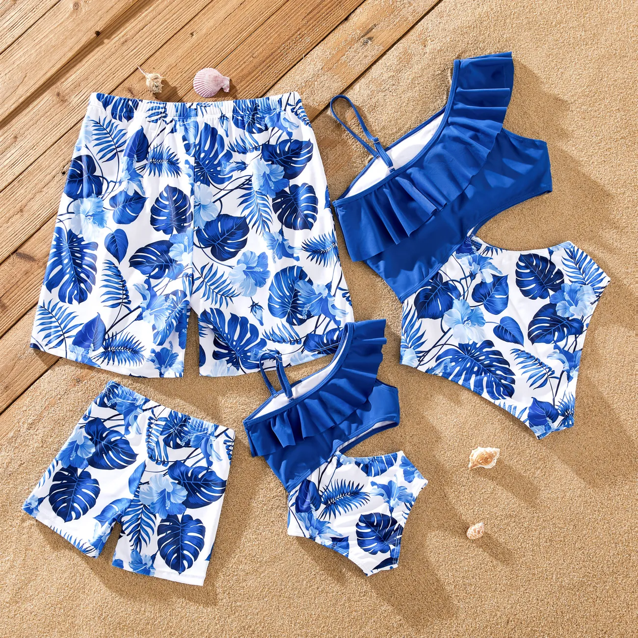 ملابس السباحة إطلالة العائلة للجنسين حافة كشكشة النباتات والزهور أزرق big image 1