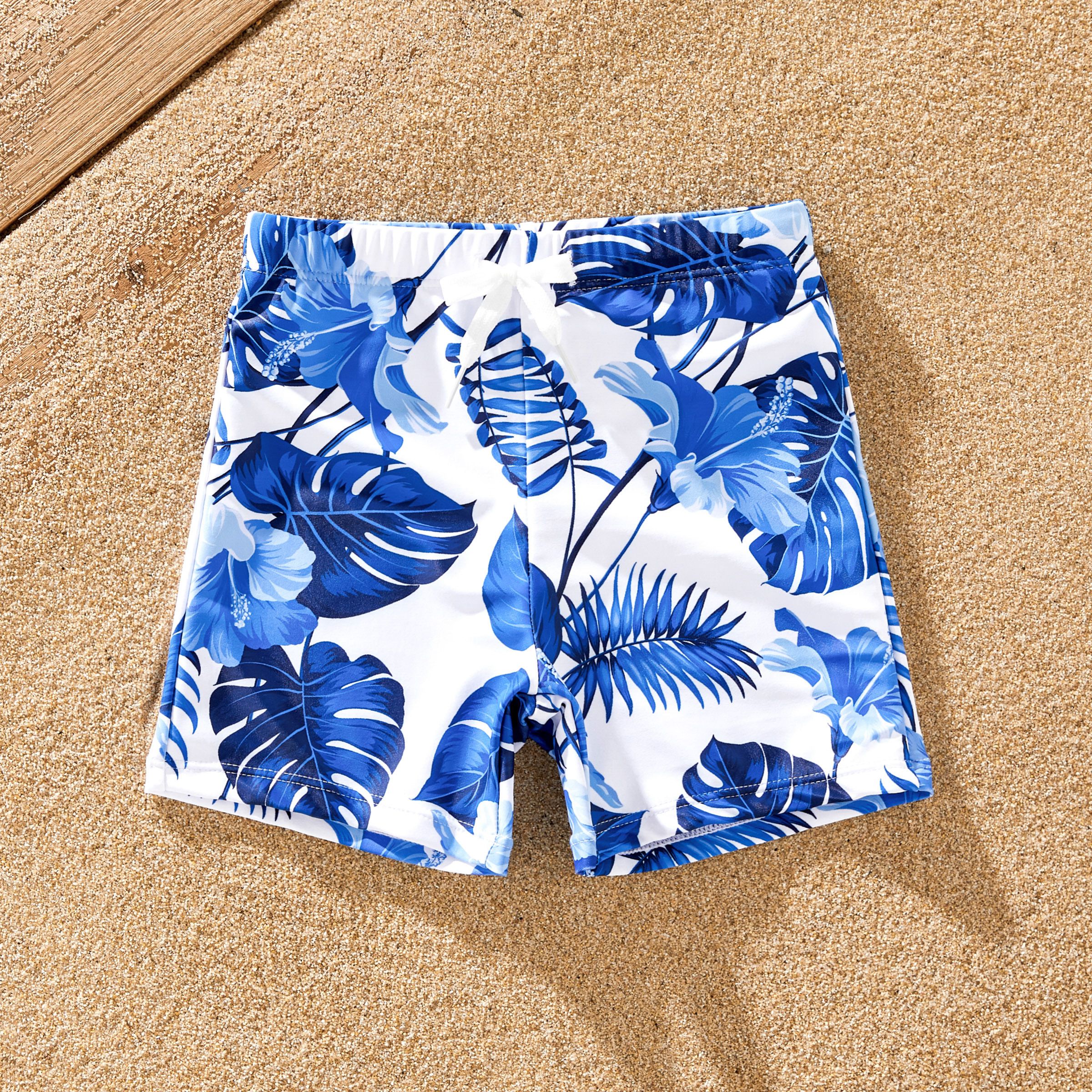 Family Matching Floral Drawstring Swim Trunks Or Ruffle One Shoulder Swimsuit With Single Strap