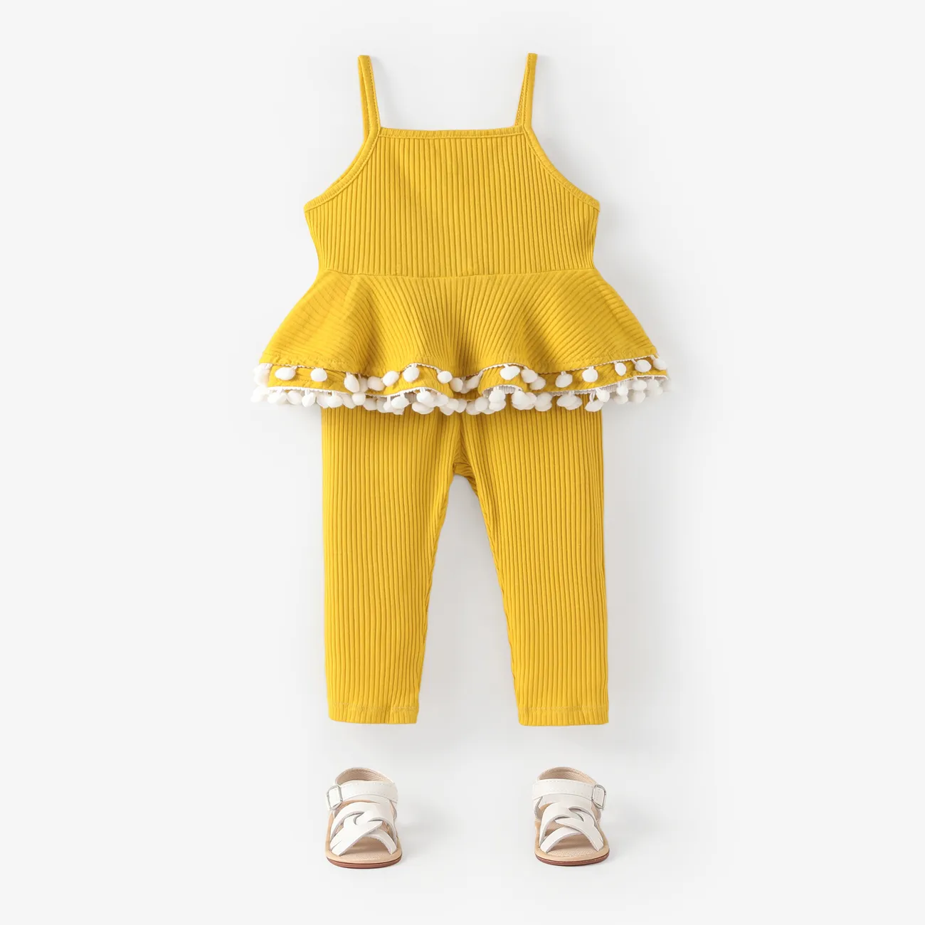 2pcs Baby Girl Solid Cotton Ribbed Layered Ruffle Hem Pom Poms Cami Top & Leggings Set Bright Yellow big image 1
