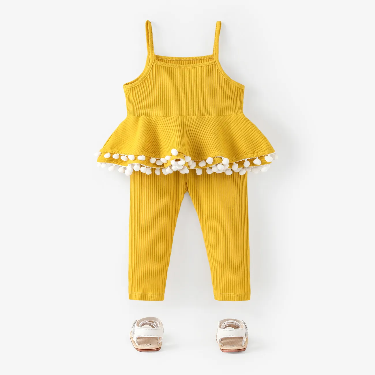 2pcs Baby Girl Solid Cotton Ribbed Layered Ruffle Hem Pom Poms Cami Top & Leggings Set Bright Yellow big image 1