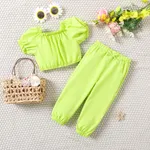 2pcs Toddler Girl's Summer Casual Solid Color Set with Puff Sleeve Green