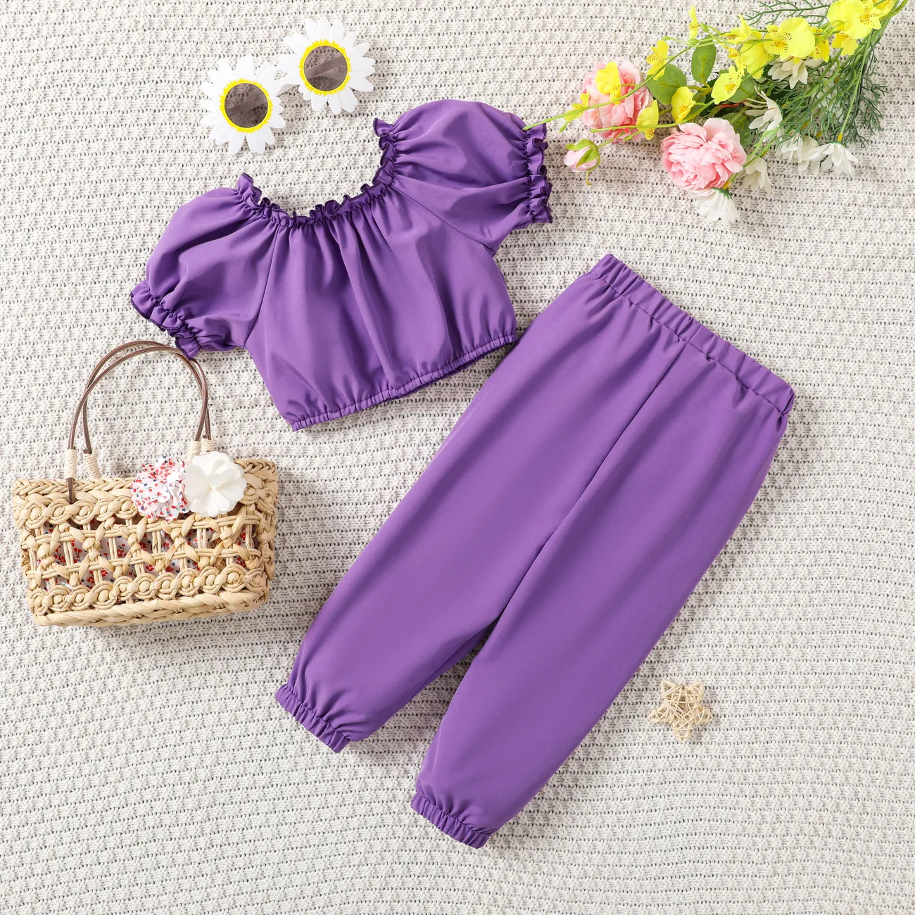 2pcs Toddler Girl's Summer Casual Solid Color Set with Puff Sleeve Purple big image 1