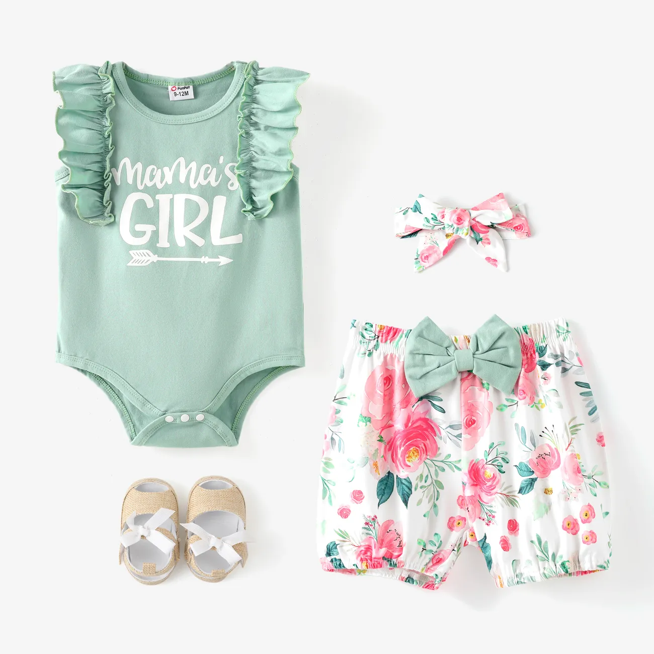 3pcs Baby Girl 95% Cotton Letter Graphic Ruffle Trim Tank Romper and Bow Decor Floral Print Shorts & Headband Set Pale Green big image 1