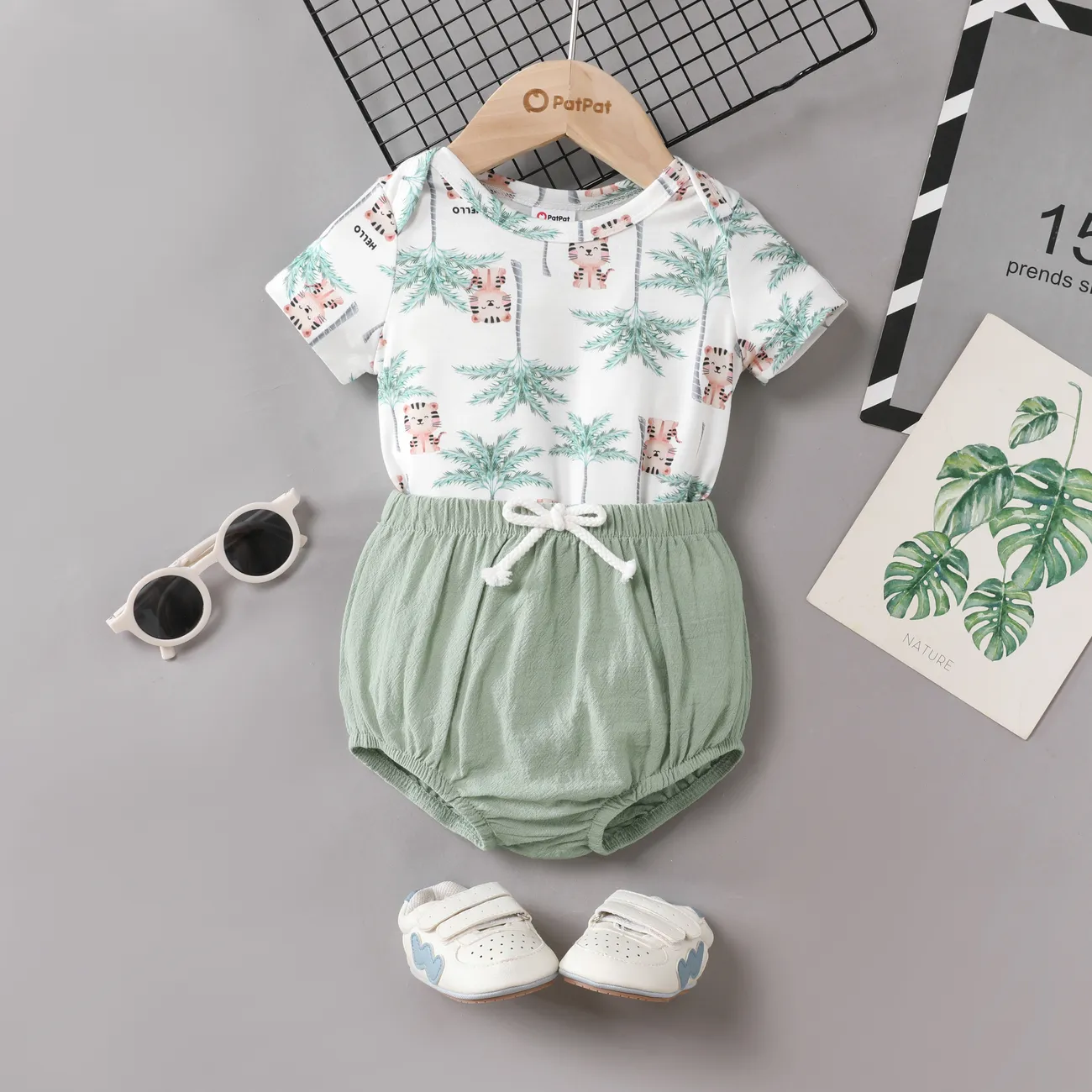 2pcs Baby Boy Animal Pattern Short-sleeve Shirt and Pants Set  Green big image 1