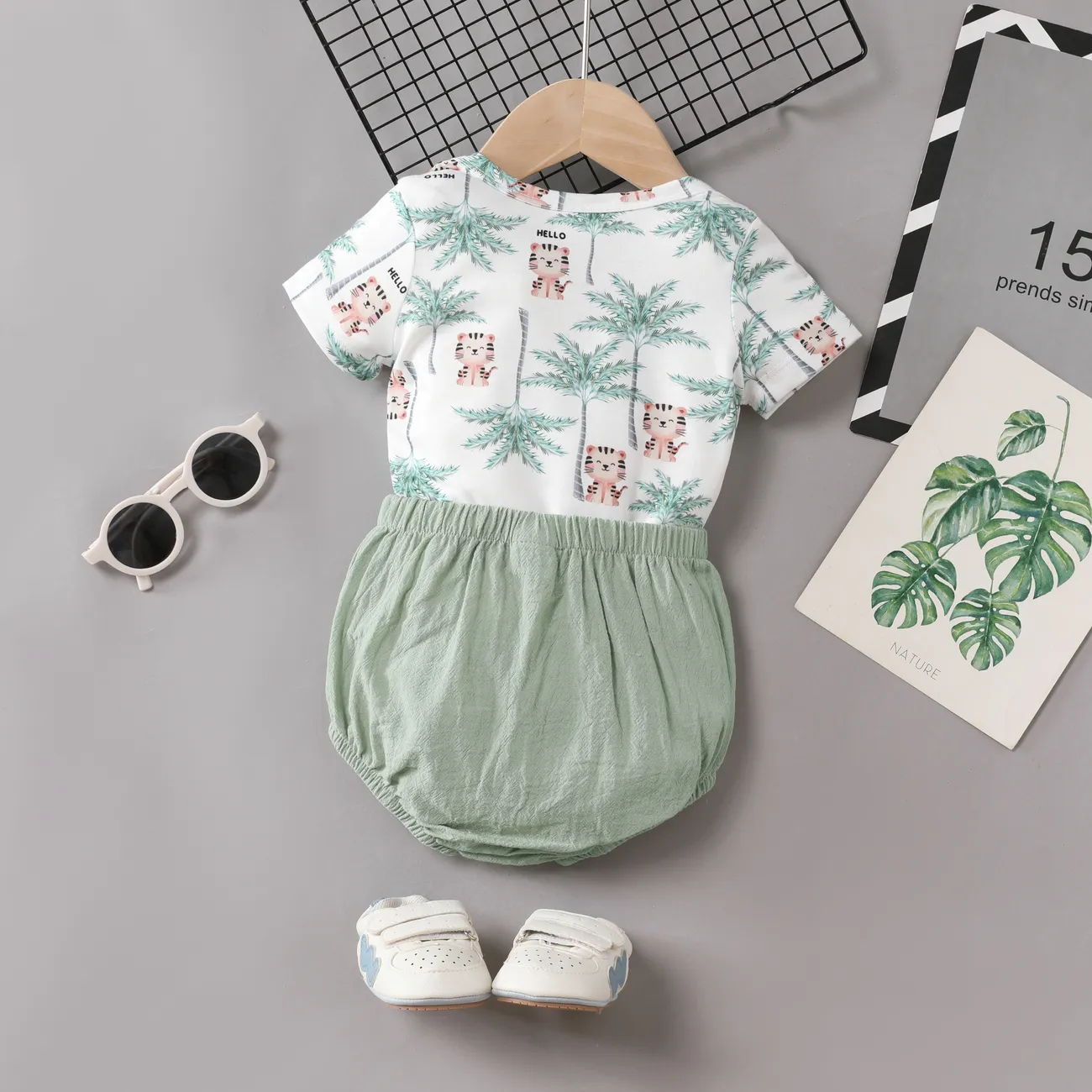 2pcs Baby Boy Animal Pattern Short-sleeve Shirt and Pants Set  Green big image 1