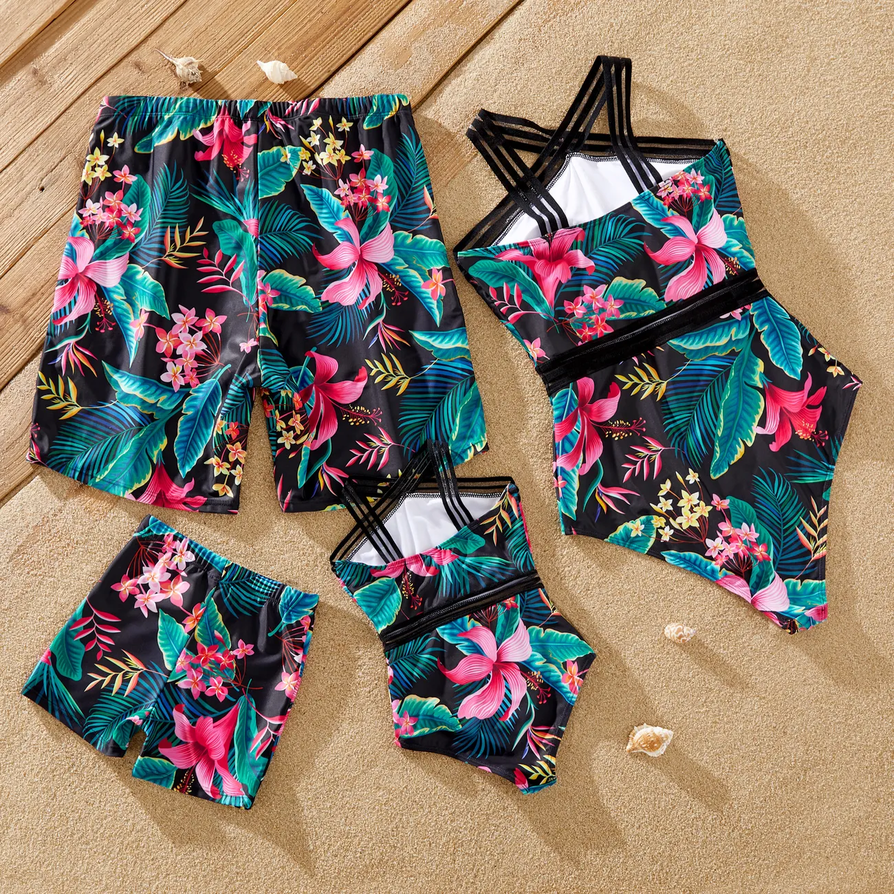 Family Matching Allover Plant Print Crisscross One-Piece Swimsuit and Swim Trunks Black big image 1