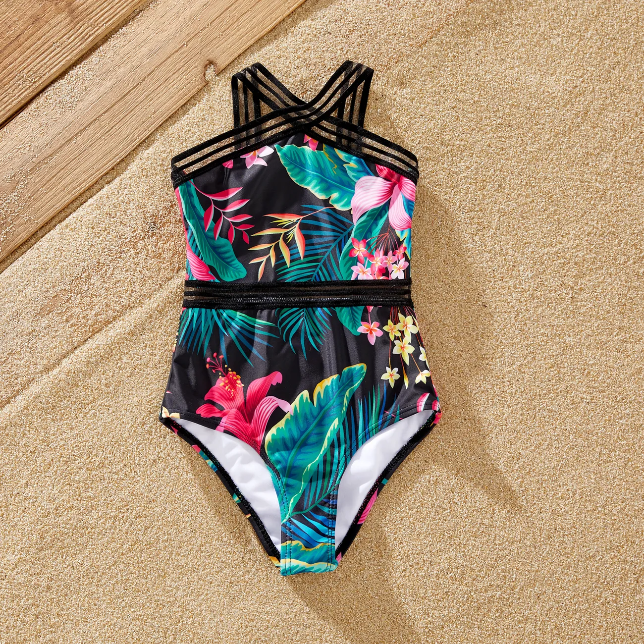 Family Matching Allover Plant Print Crisscross One-Piece Swimsuit and Swim Trunks Black big image 1