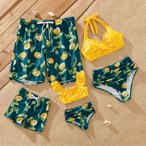 Family Matching Allover Lemon Print and Solid Halter Neck Two-piece Swimsuit or Swim Trunks Shorts